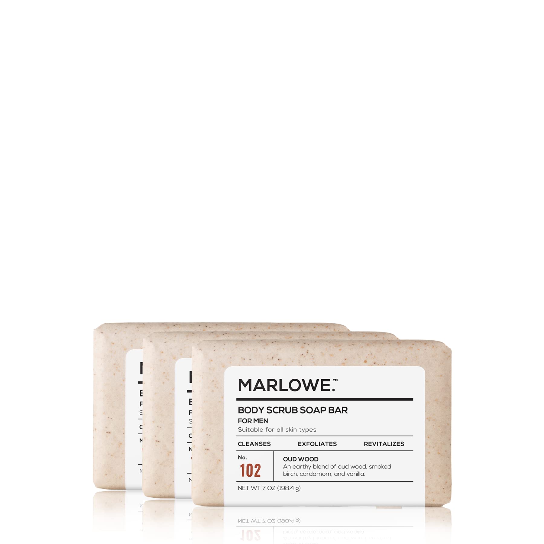 MARLOWE. No. 102 Men's Body Scrub Soap 7oz (3 Bars) Earthy Oud Wood Scent, Best Exfoliating Bar, Made with Natural Ingredients, 