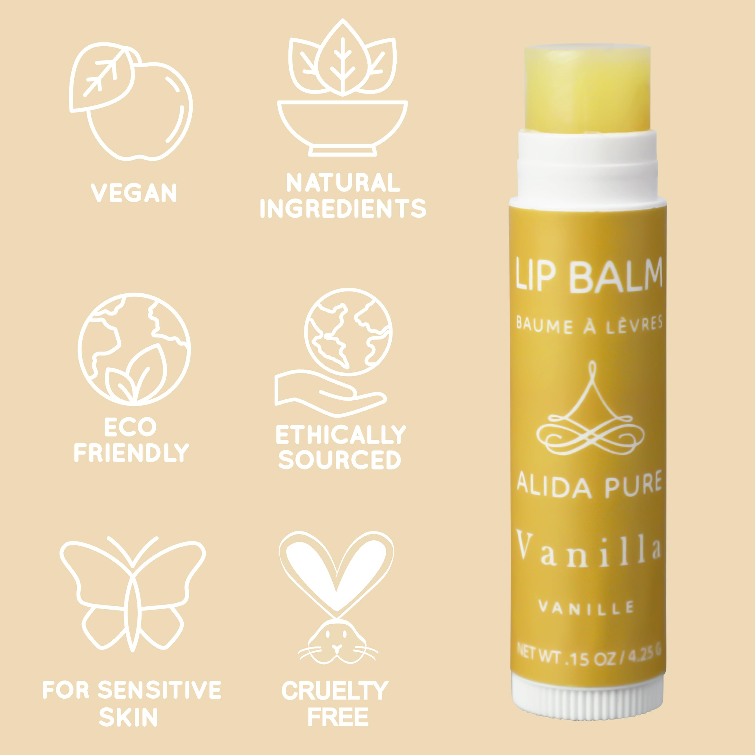 Alida Pure Vanilla Lip Balm Collection, Vegan Lip Balm Set, Beeswax Free, With Avocado Oil, Organic Jojoba Oil, And Vitamin E, N