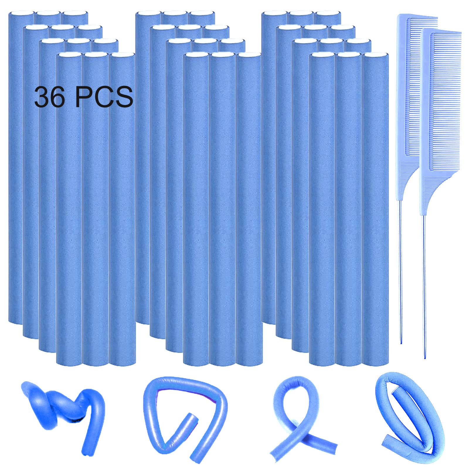 36 Flexi Rods Hair Rollers, Flexible Foam Curling Rods for Long & Short Hair Twist - No Heat Bendy Rollers with 2 Steel Pintail 