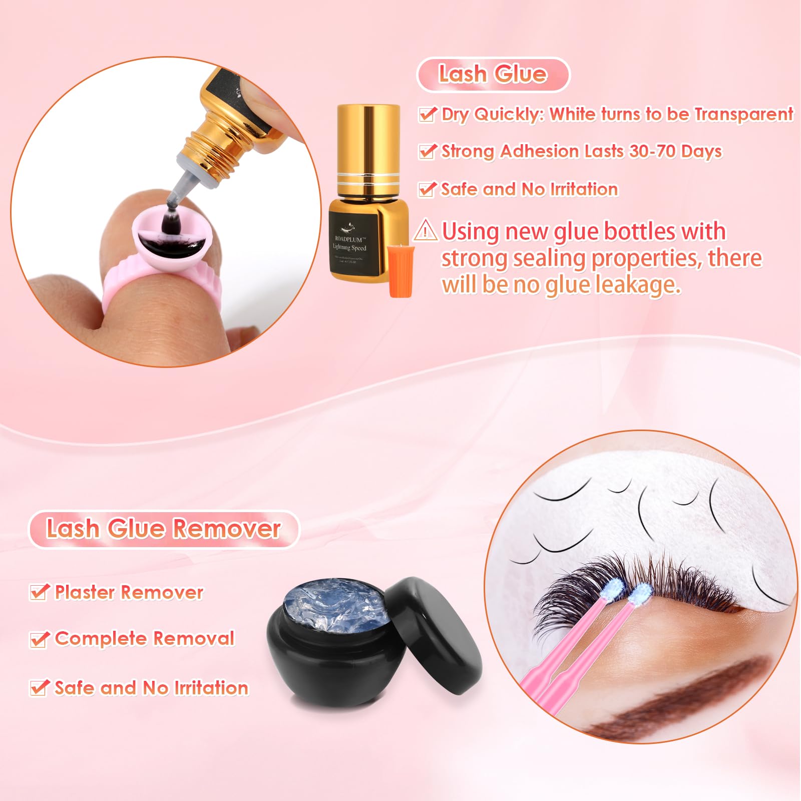 Roadplum Professional Lash Extension Kit, Lash Cleaning Kit With Fan Dryer, D Curl Eyelash, Extension Glue, Remover, Tweezers, E