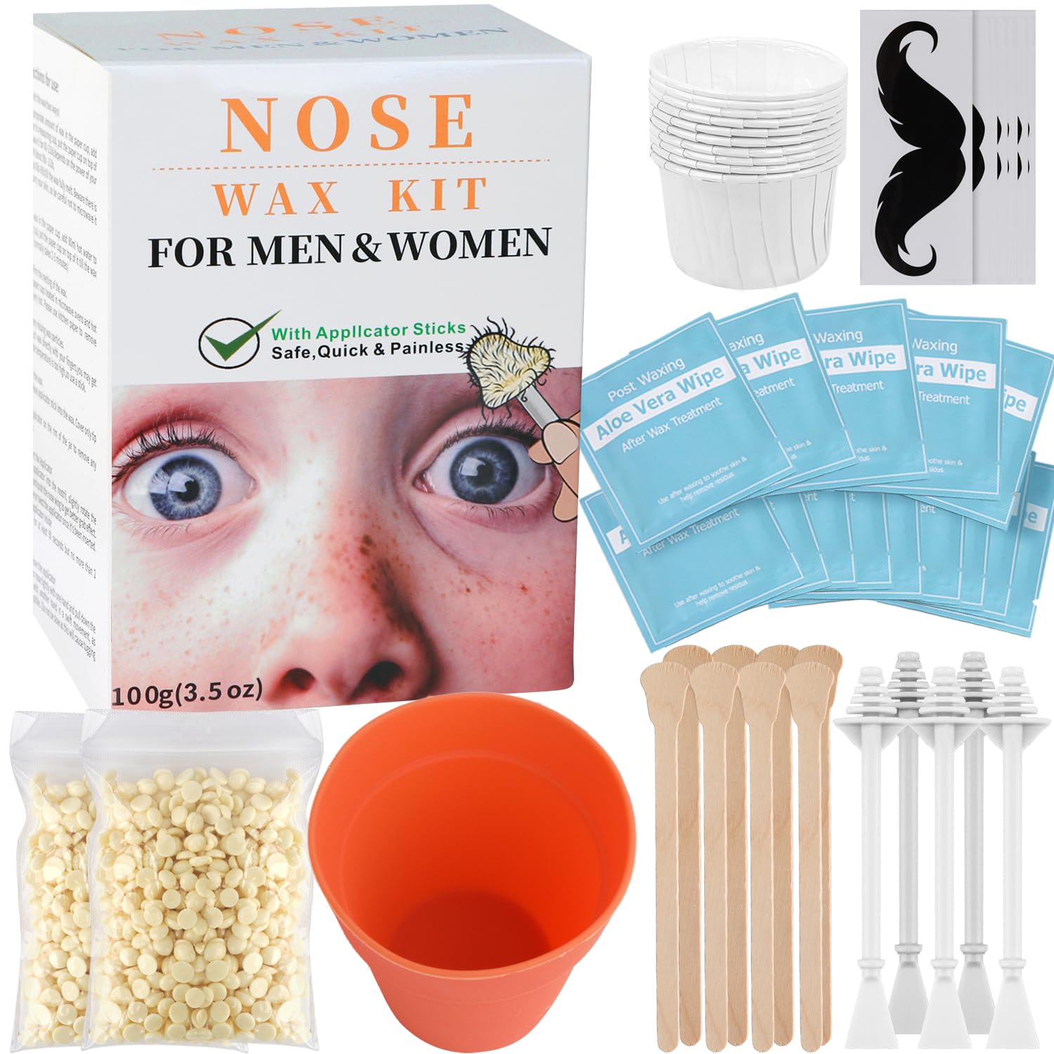 100g Nose Hair Waxing Kit with 30 Applicators (15 Uses), 10 Mustache Guards, 15 Wipes for Quick and Painless Hair Removal on Nos