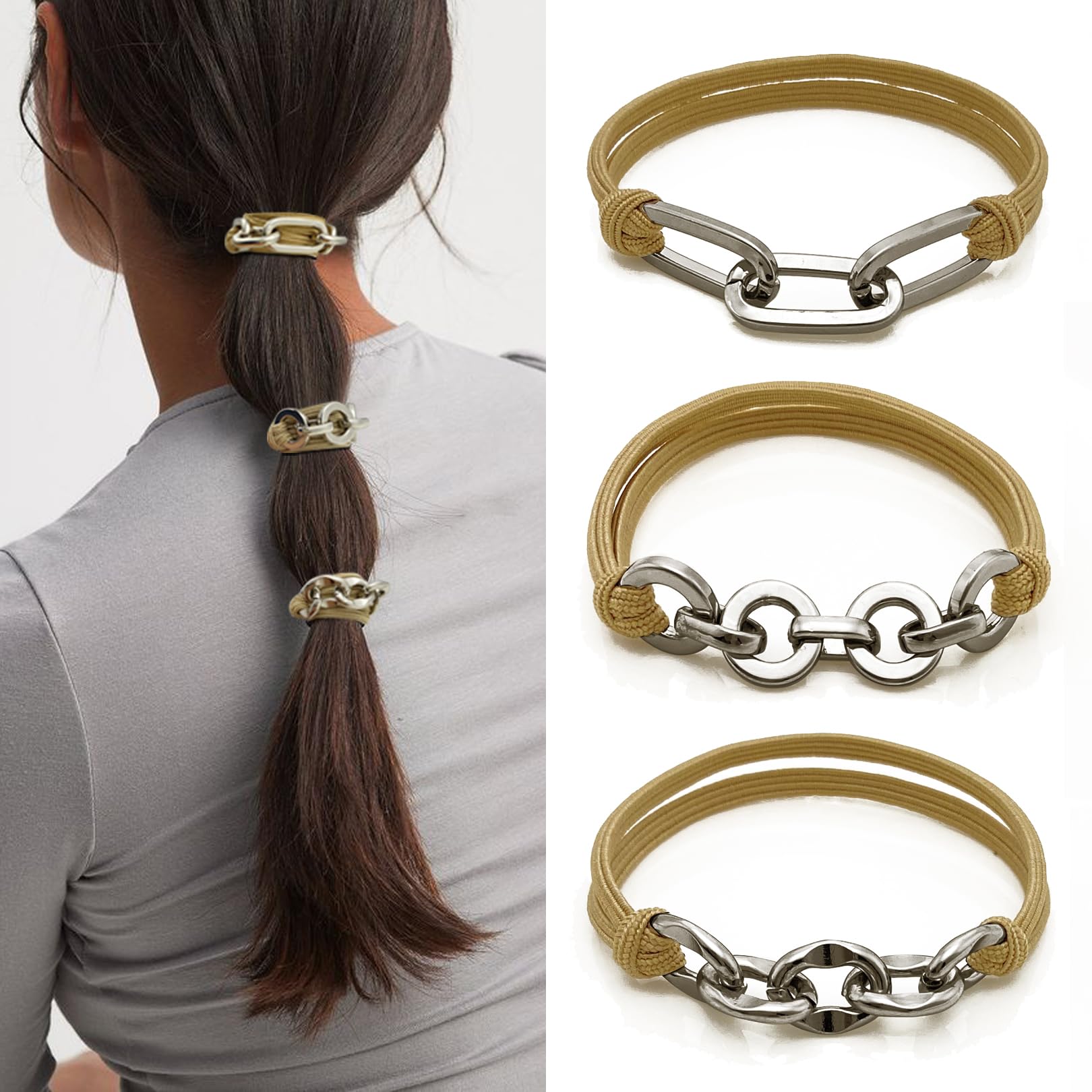Hair Tie Bracelets for Women, 3Pcs Cute Elastic Hair Ties Ponytail Holders with Silver Jewelry Strenchy Bronde Scrunchies Hair T