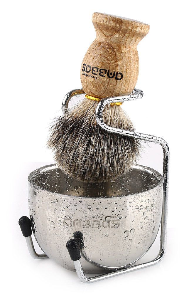 Shaving Set, 3in1 Pure Badger Hair Shaving Brush Natural Solid Wood Handle and Stainless Steel Shaving Stand with Shaving Bowl D