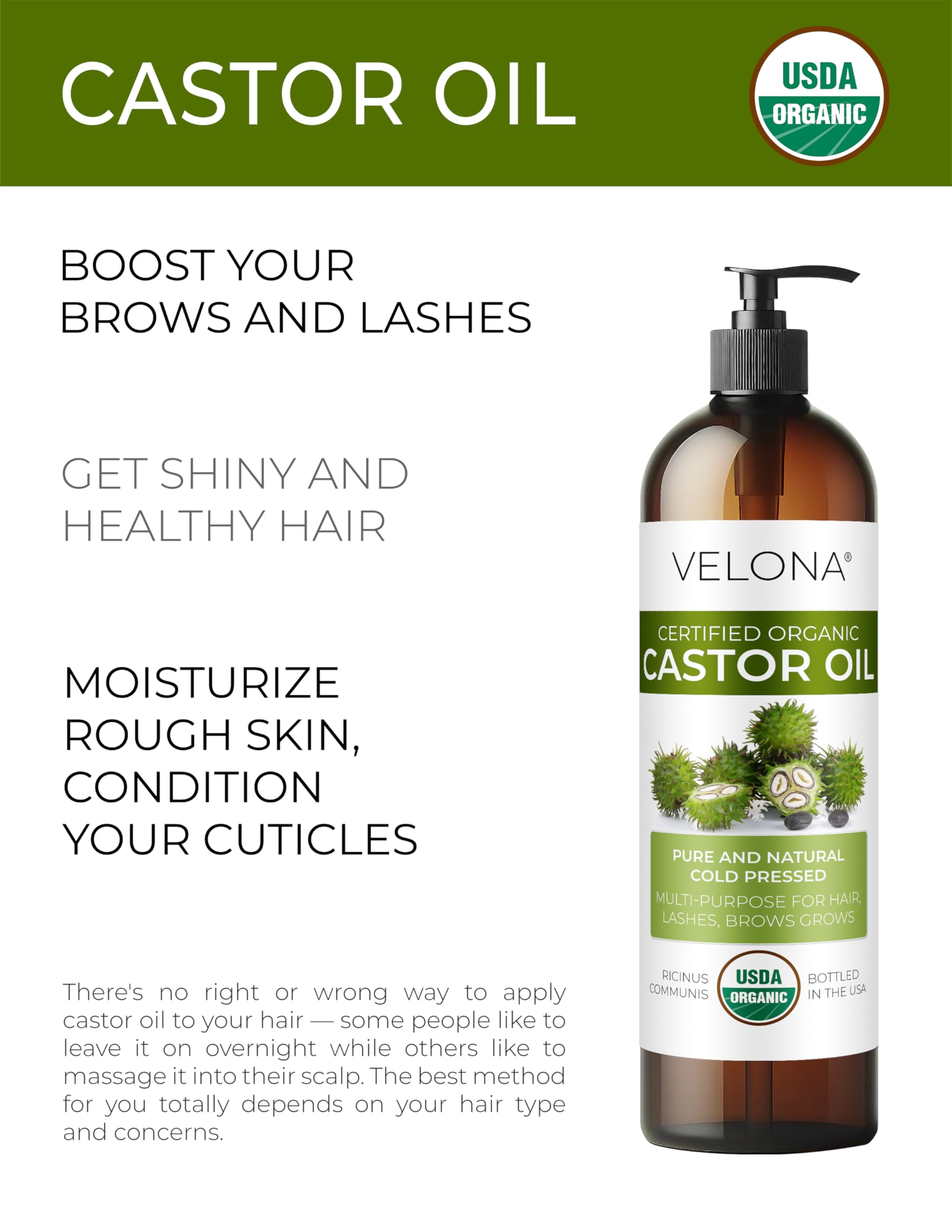 Velona Usda Certified Organic Castor Oil - 64 Fl Oz | For Hair, Boost Eyelashes, Eyebrows | Cold Pressed, Natural Oil, Usp Grade