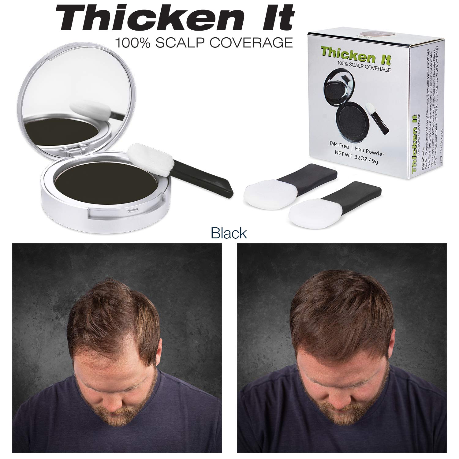 Thicken It 100% Scalp Coverage Hair Powder - Black - Talc-Free .32 Oz. Water Resistant Hair Loss Concealer For Men And Women. Na
