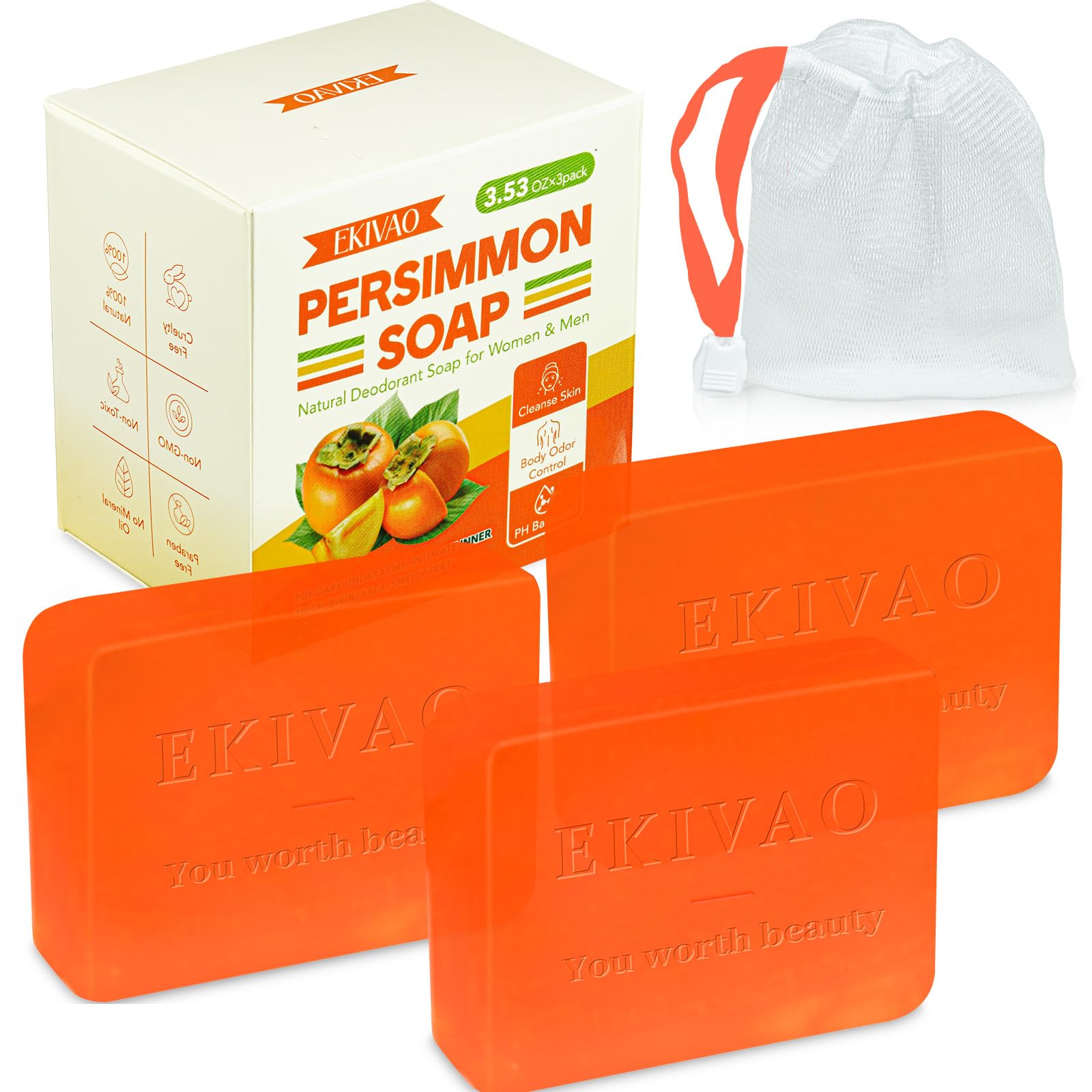 3Pack Natural Persimmon Soap Bar For Body Odor Control, Organic Deodorant Body Persimmon Bar Soap For Old People Smell, Remove N