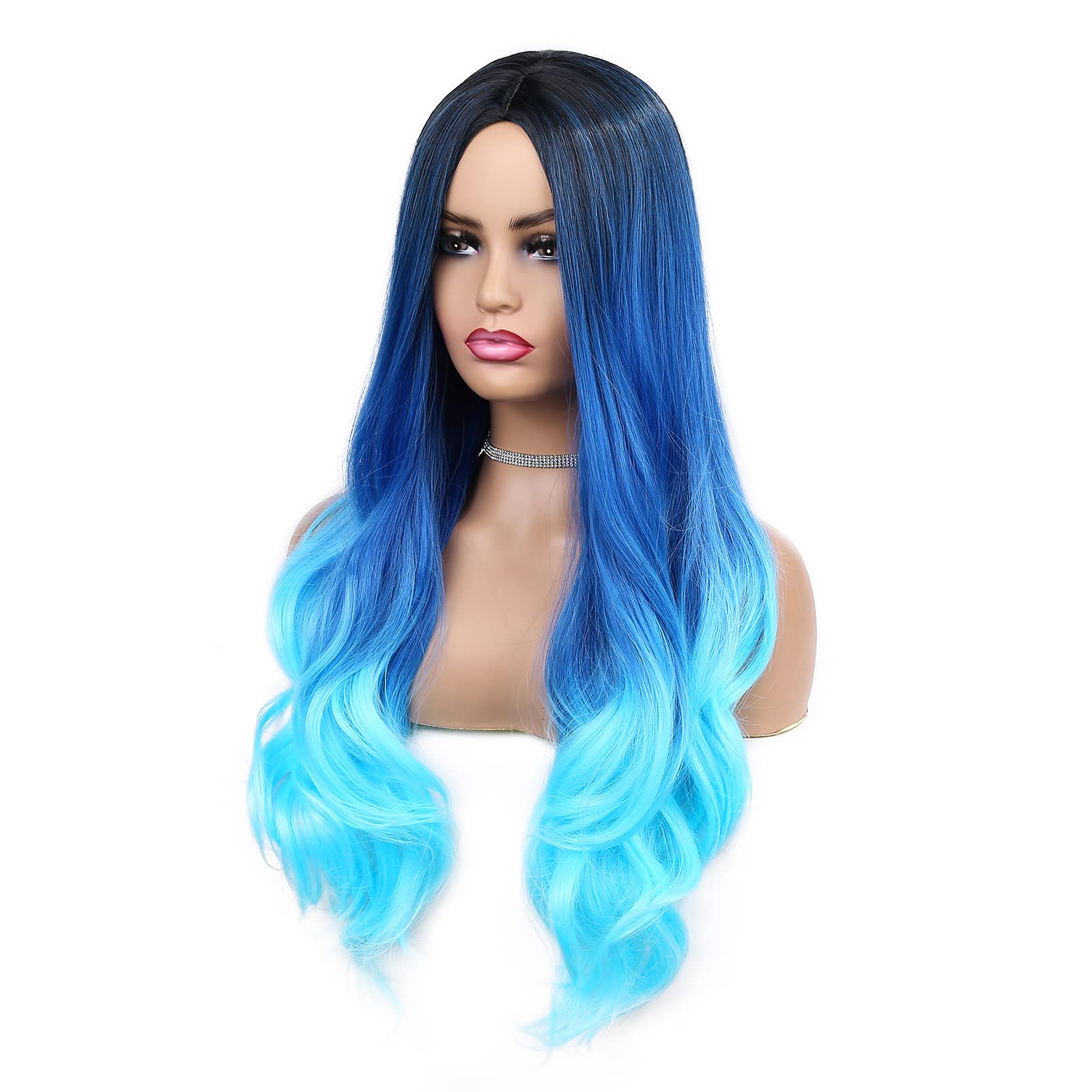Hanne Long Blue Wavy Wigs For Women 26 Inch Middle Part Blue Ombre Wig Body Wave Long Curly Synthetic Wig Heat Resistant Black A