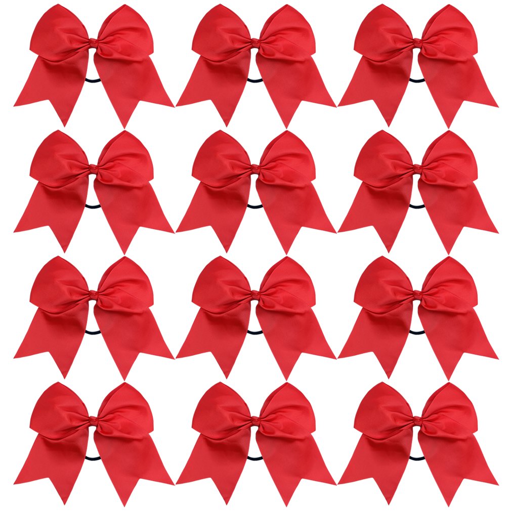 DEEKA 12PCS 8'' Large Cheer Hair Bows Ponytail Holder Handmade for Teen Girls Softball Cheerleader Sports-Red