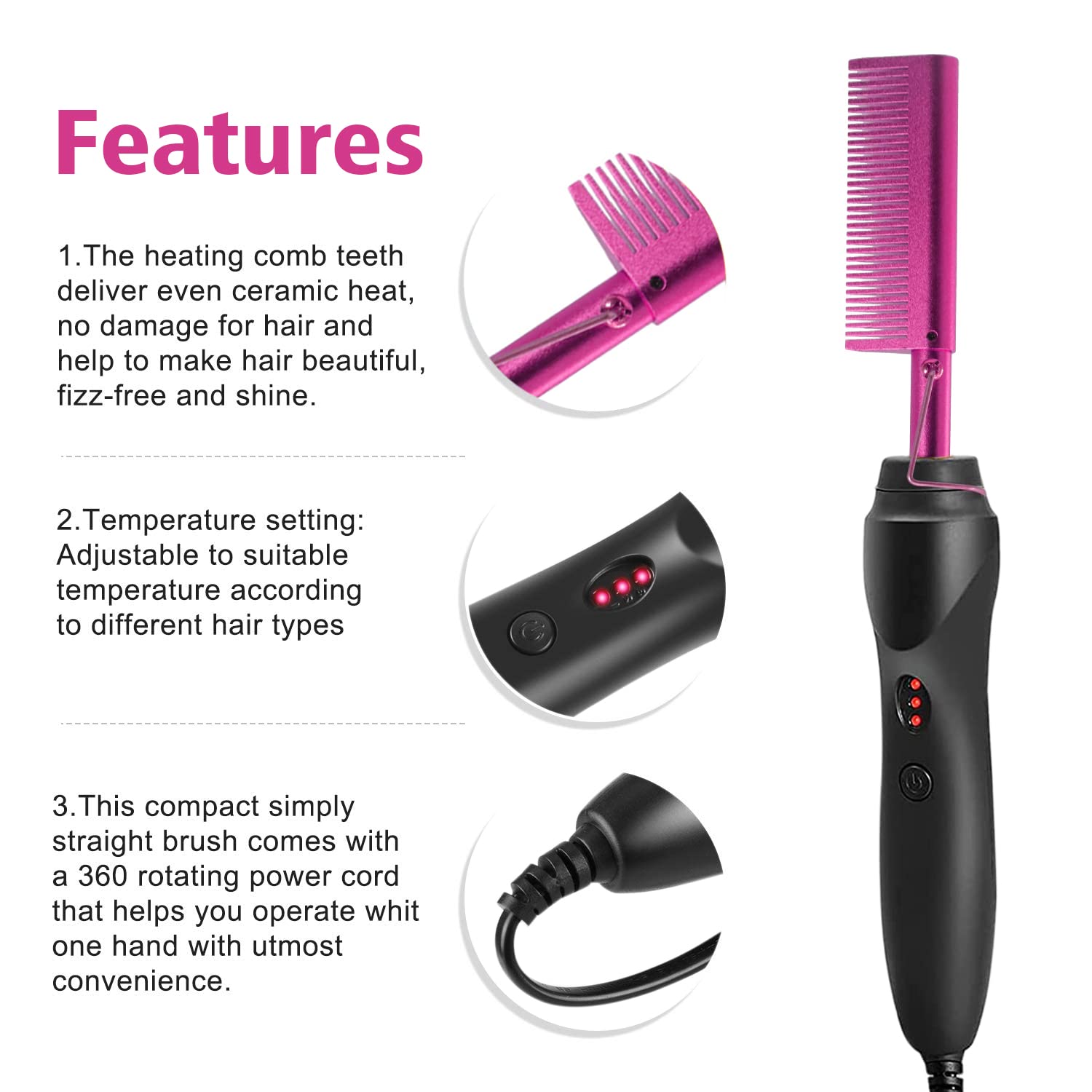 Goiple Pink Electric Hot Comb Hair Straightener for Natural Black Hair Wigs - Wide Tooth & Rat Tail Comb, Wax Stick Included
