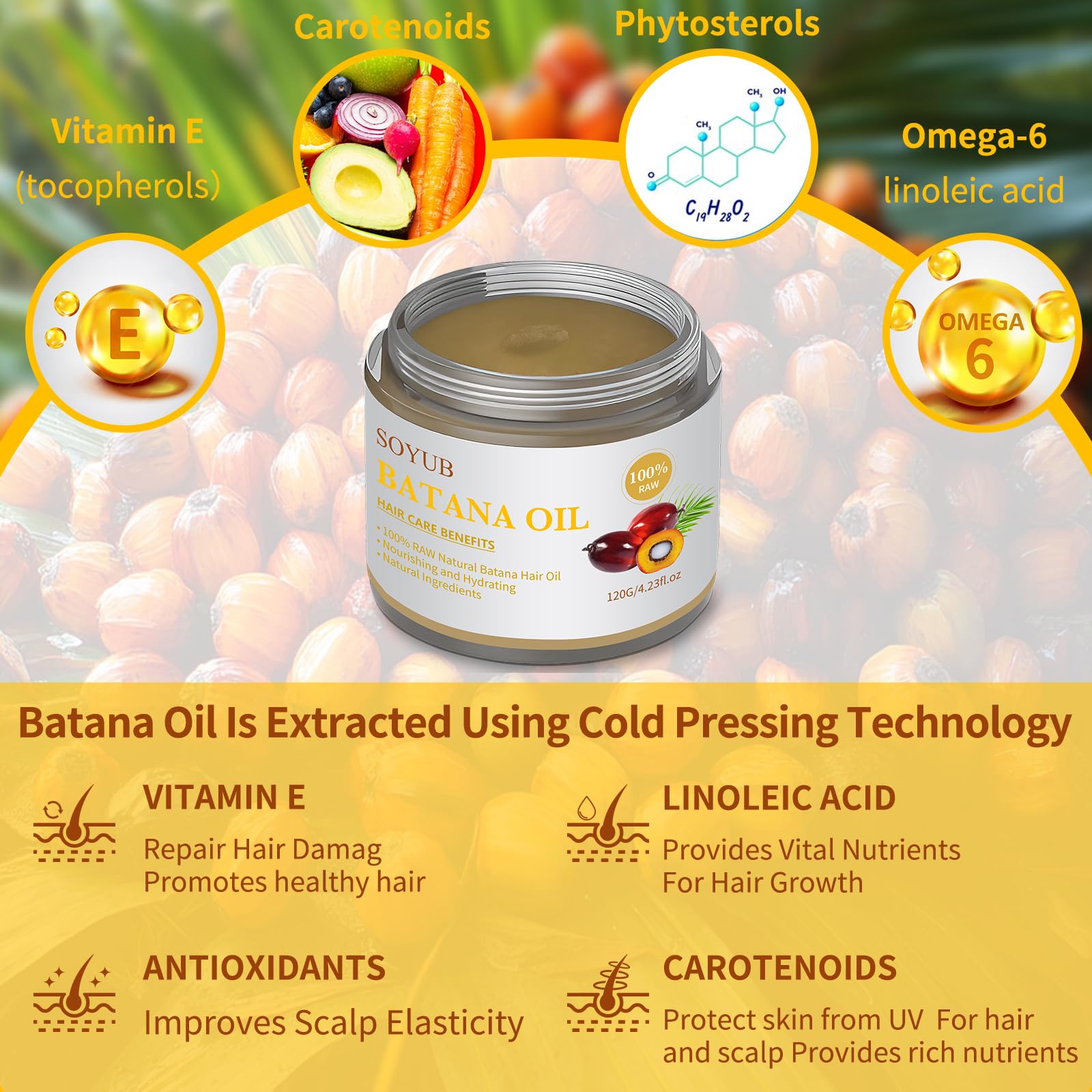SOYUB Raw Batana Oil - 100% Pure, Unrefined Organic Hair Growth Oil, Off White, 4.23 Oz, Promotes Thickness & Prevents Hair Loss for Men &