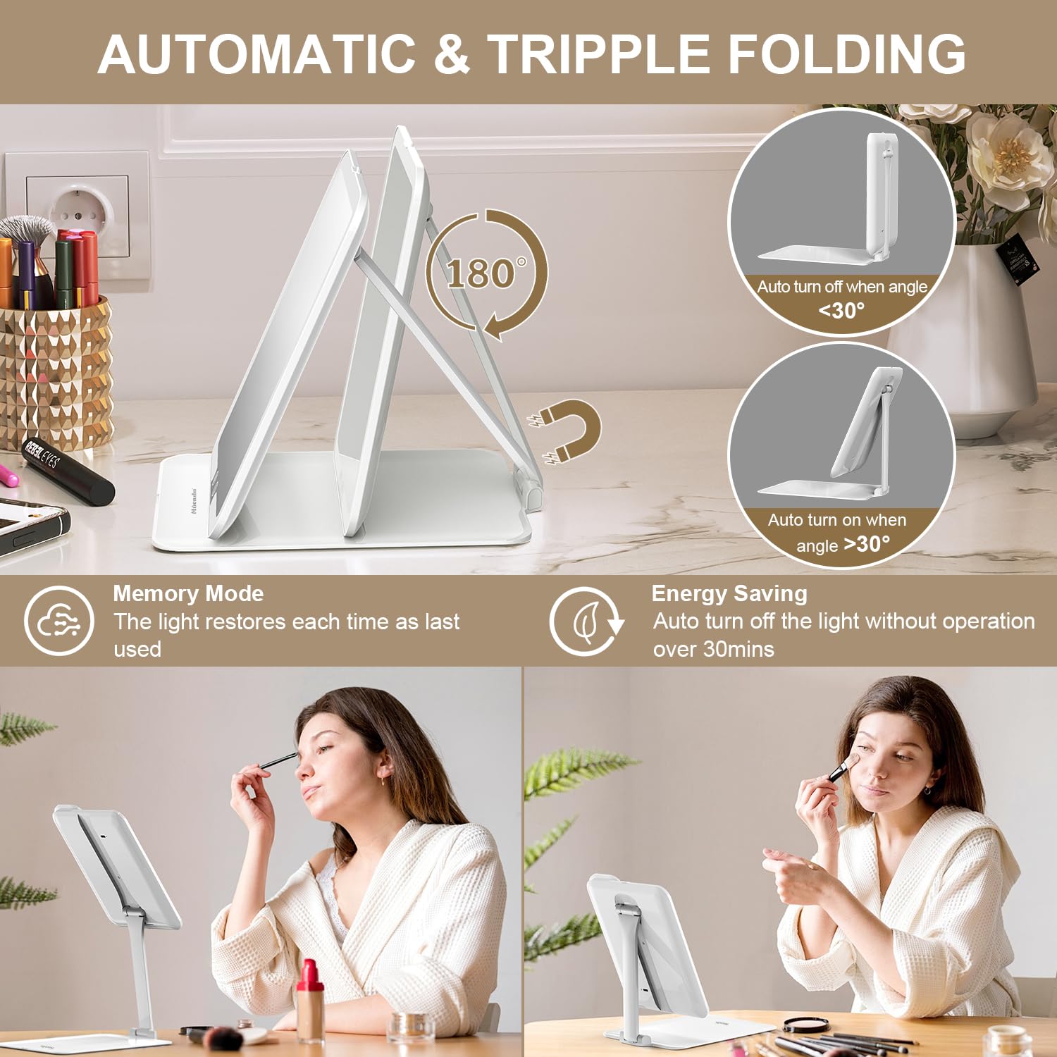 Mocado Travel Makeup Mirror With Light, Tripple Folding Vanity Mirror With Lights, 3 Colors Lighted Makeup Mirror, 1500Mah Recha