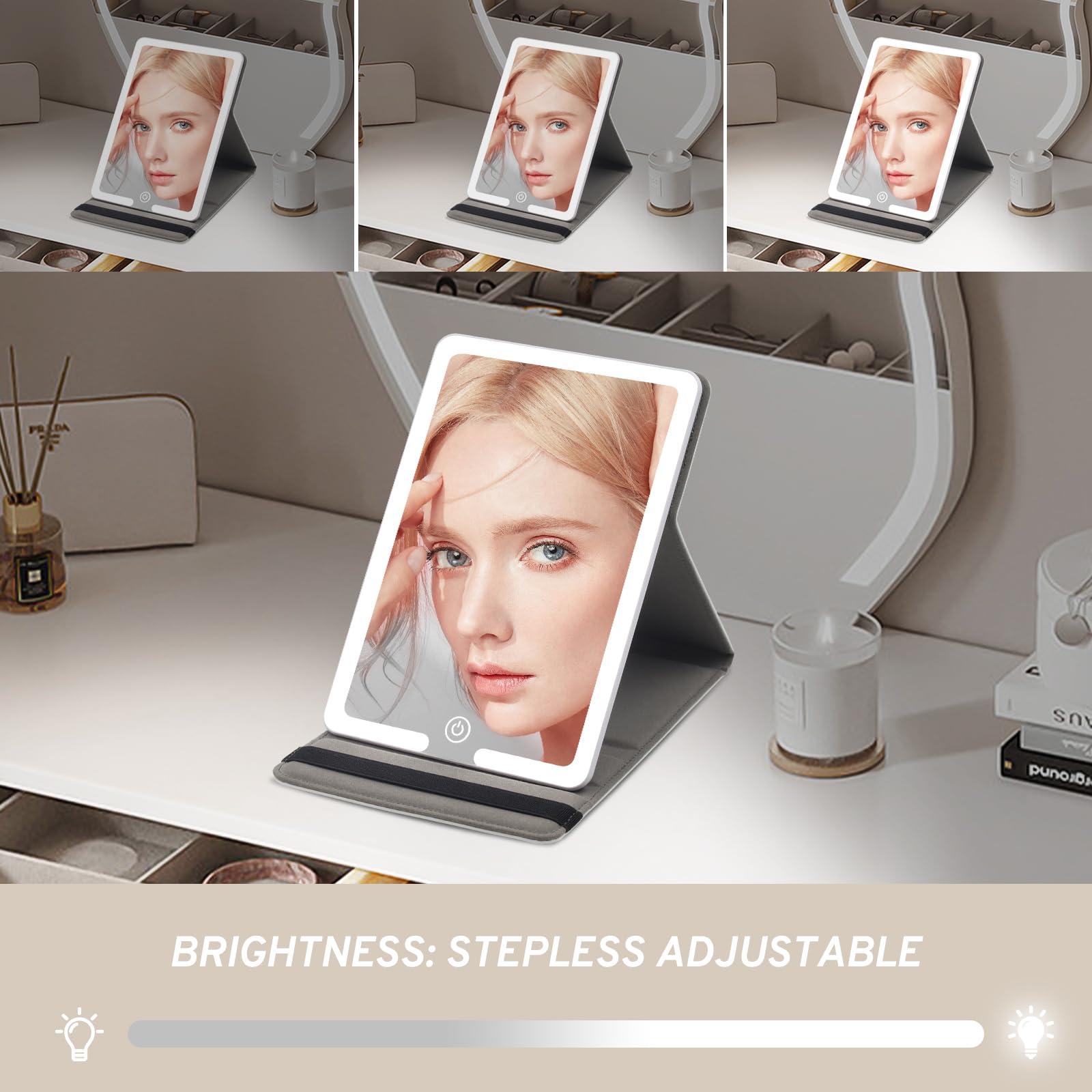 Travel Makeup Mirror With Lights, Lighted Travel Mirror With Pu Leather Cover, 1500Mah Battery 3-Color Light Modes Dimming Led L
