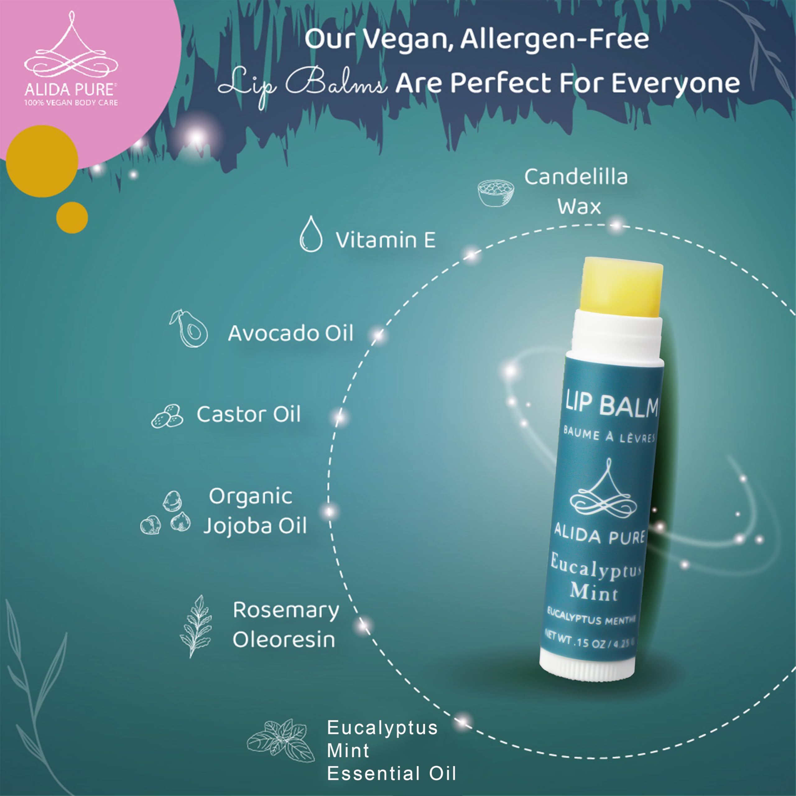 Alida Pure Eucalyptus Mint Lip Balm Collection, Vegan Lip Balm Set, Beeswax Free, With Avocado Oil, Organic Jojoba Oil, And Vita
