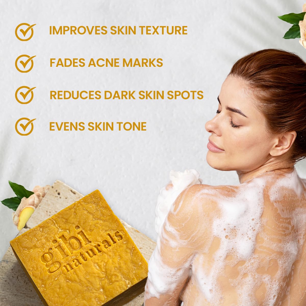 Gibi Turmeric Soap Bar For Acne & Dark Spots - Moisturizing Ginger & Turmeric Soap For Face & Body - Cleanses & Hydrates All Ski