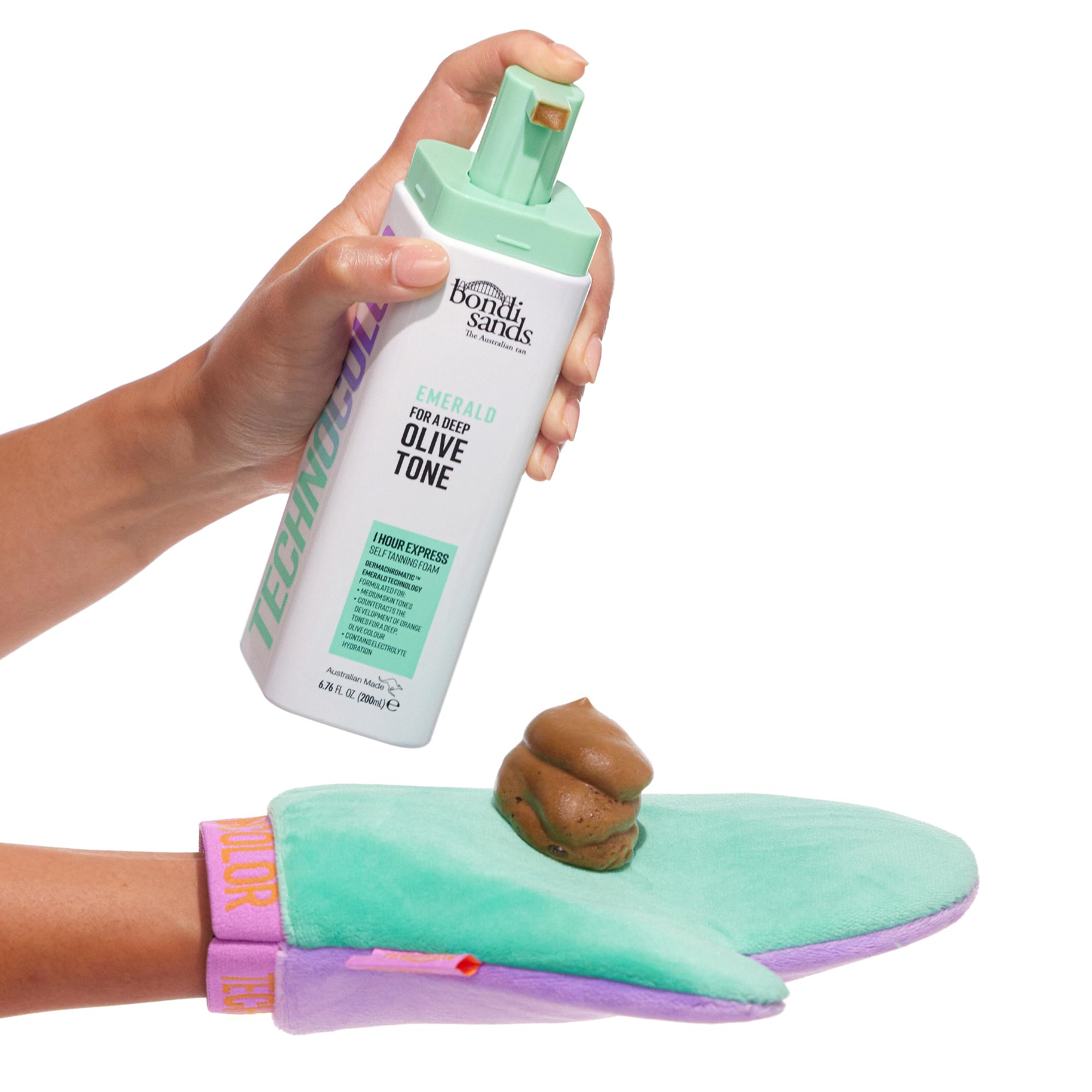 Bondi Sands Technocolor Emerald 1 Hour Express Self Tanning Foam|Best For Medium Skin Tones Looking To Achieve A Deep, Olive Ton