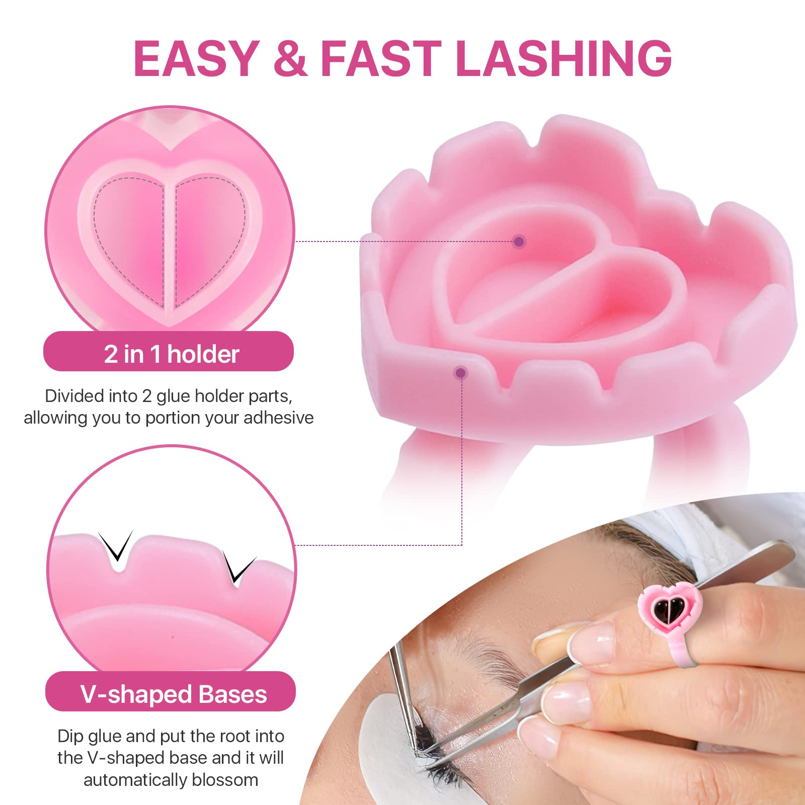 Pretty Memory 300 Pcs Glue Rings For Eyelash Extensions, Lovely Heart Lash Glue Rings Blooming Eyelash Glue Holder Volume Fannin