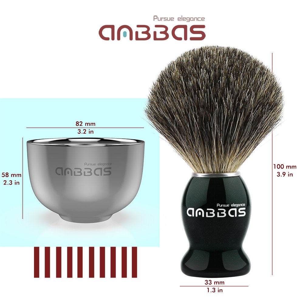 Anbbas Pure Badger Bristles Shaving Brush Black Wood Handle And Refill Soap Bar 100G,Stainless Steel Shaving Stand And Soap Cup
