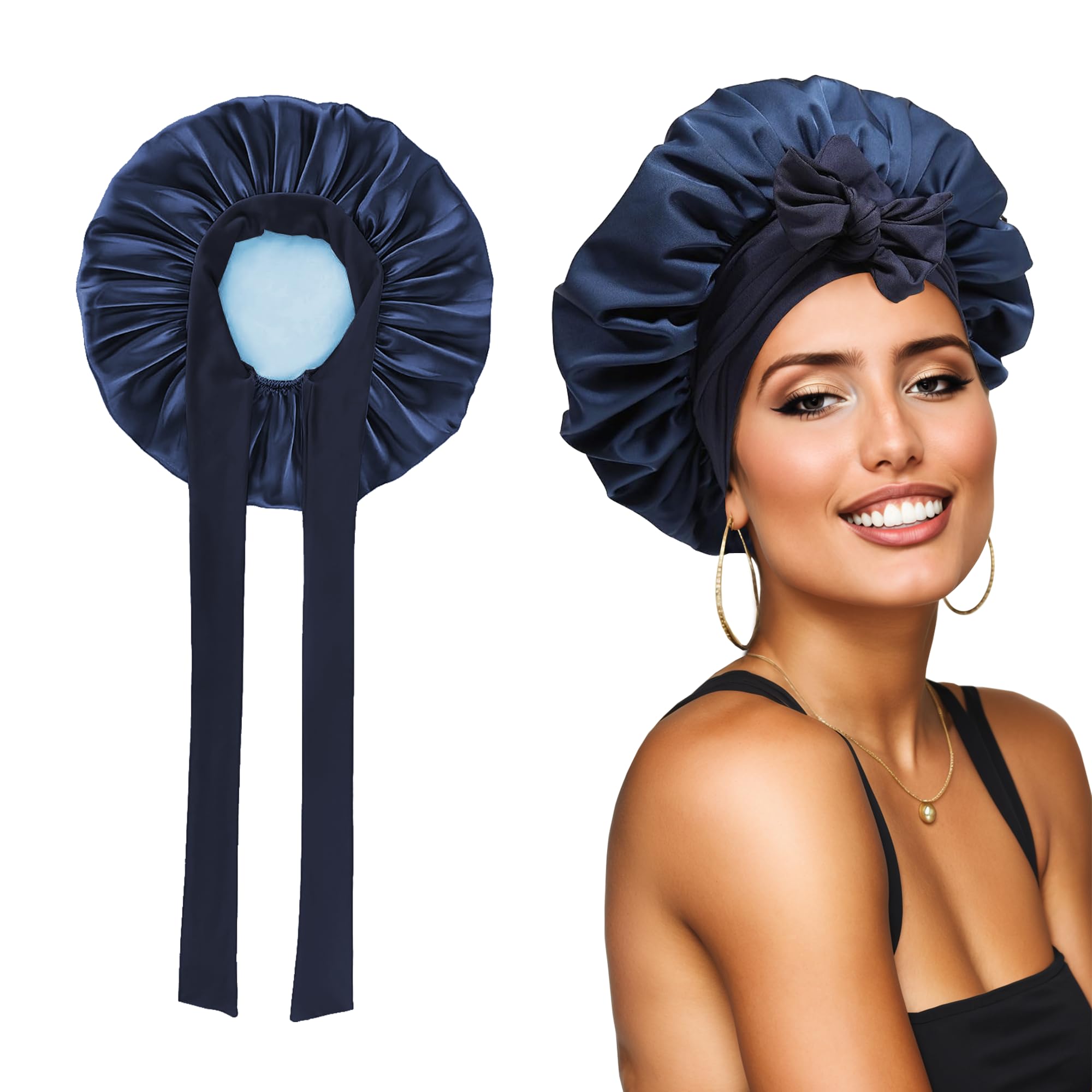 KUJUHA Bonnet for Curly Hair Silk Bonnet for Sleeping Women Satin Sleep Bonnet Double Layers Adjustable Bonet with Tie Band