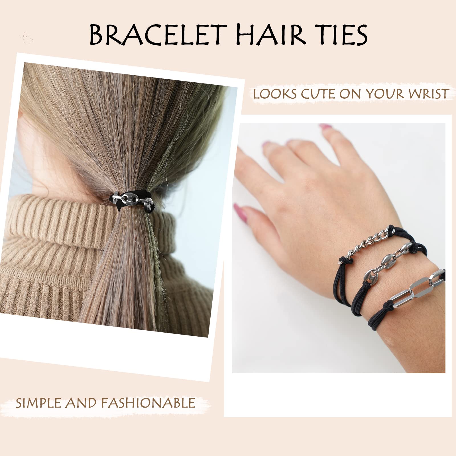 Bracelet Hair Ties Black Hair Tie Bracelets For Women 3 Pcs Hair Ties For Thick Hair With Gold Silvery And Beige Elastic Looks C