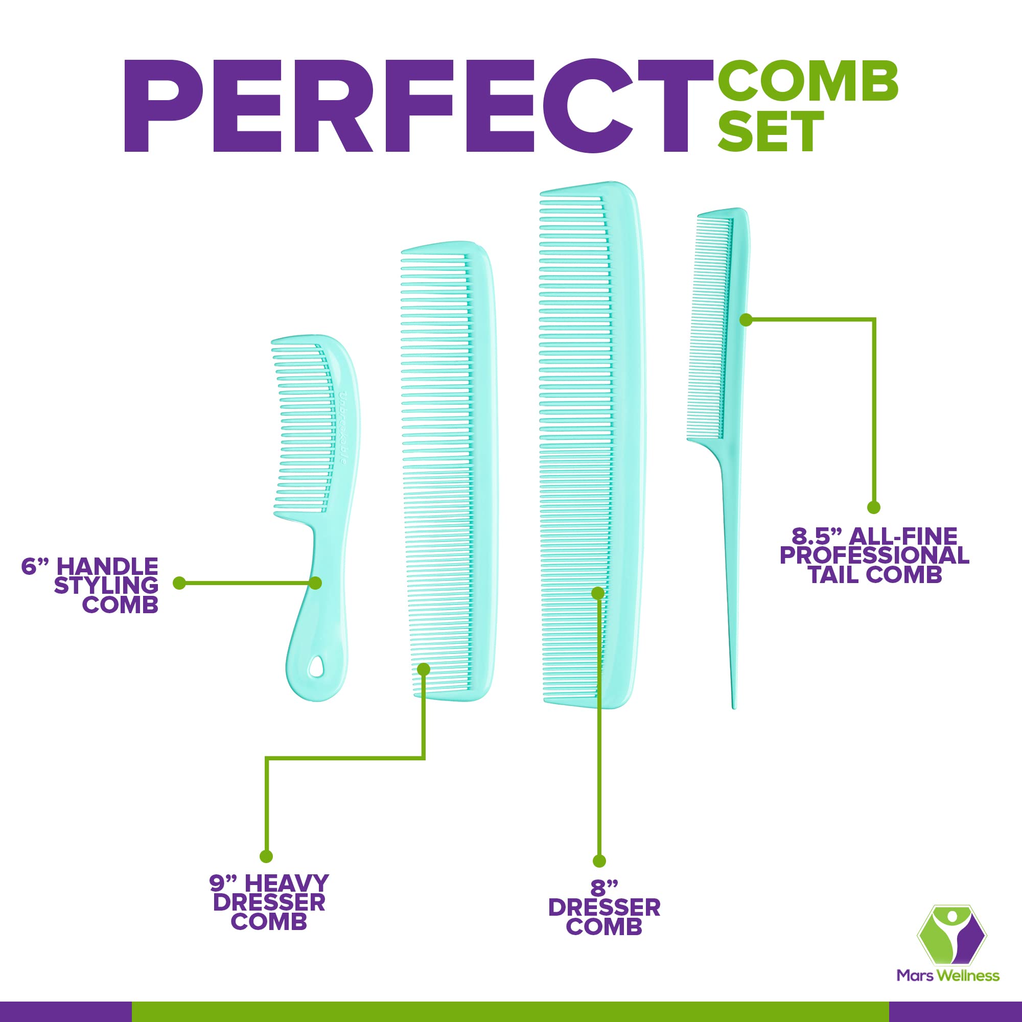 Mars Wellness 4 Piece Professional Comb Set Green - Usa Made - Fine Pro Tail Combs, Dresser Hair Comb Styling Comb - Premium Gra