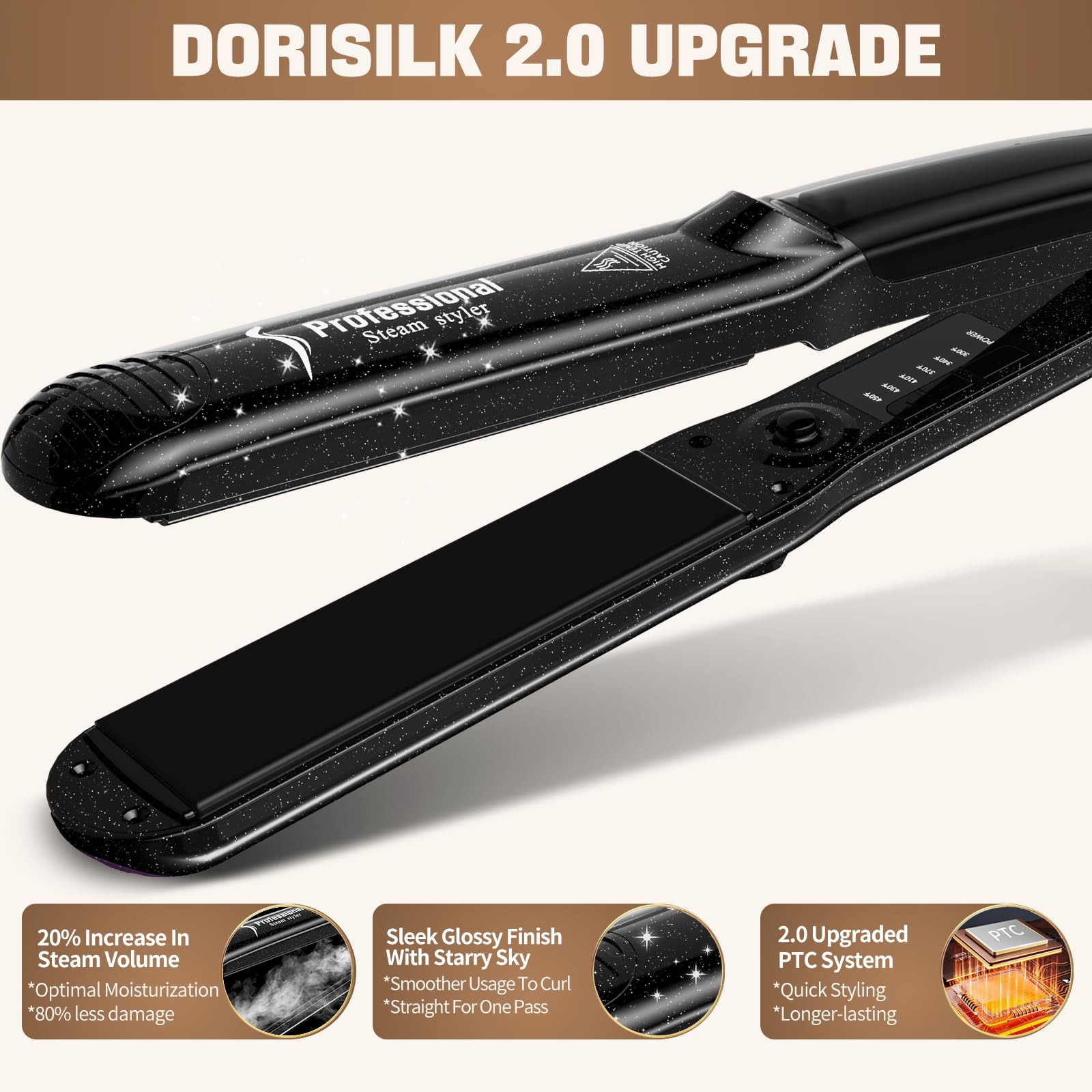 Dorisilk 2.0 Upgraded Steam Straighteners For Hair, Professional Salon Ceramic Tourmaline Vapor Steam Flat Iron Hair Straightene