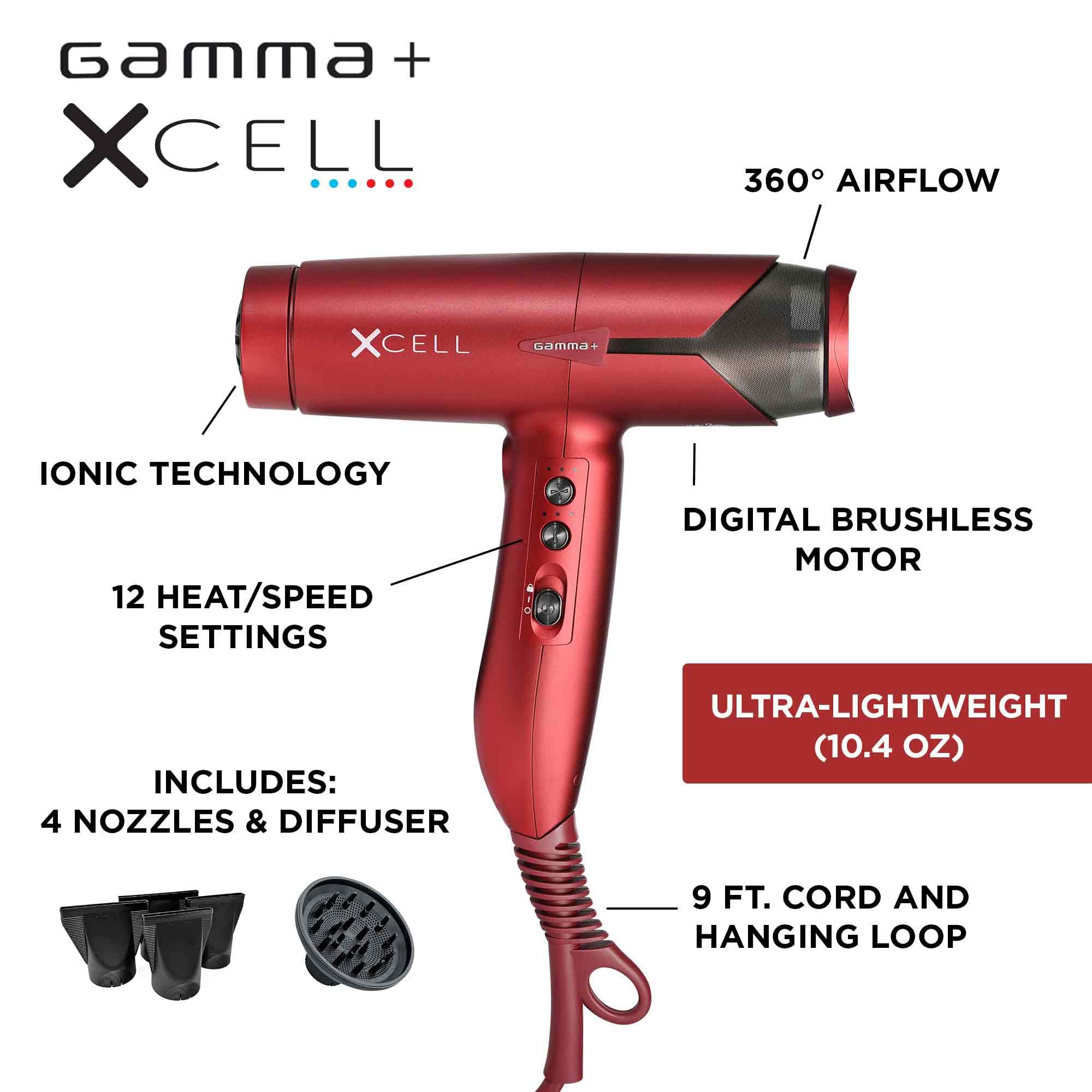 Gamma+ Xcell Professional Ultra-Lightweight Hair Dryer Digital Motor Ionic Technology Whisper Quiet 12 Heat/Speeds, Matte Red