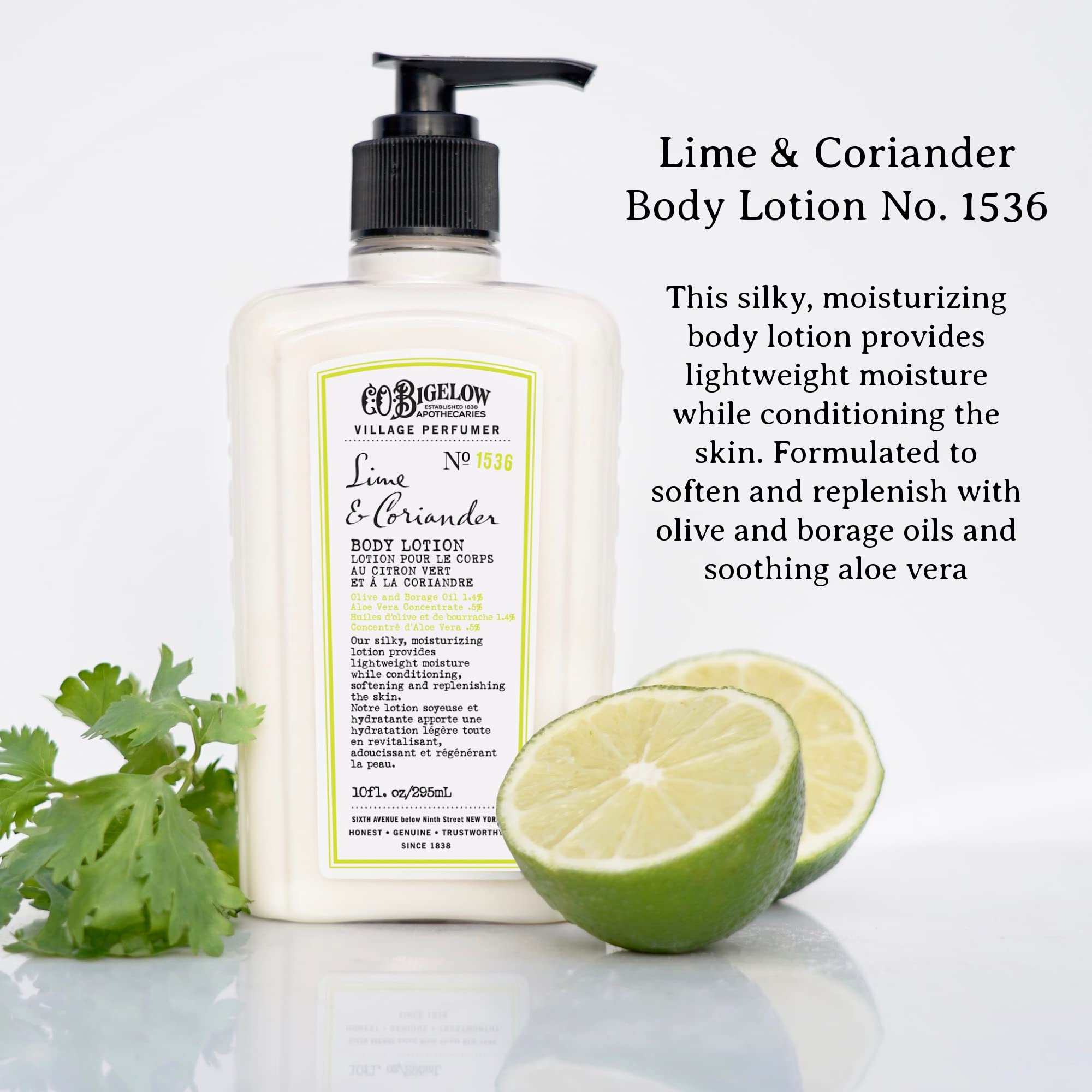 C.O. Bigelow Lime Coriander Body Lotion For Women And Men, Village Perfumer Lotion With Olive Oil, Borage Oil, And Aloe Vera Con