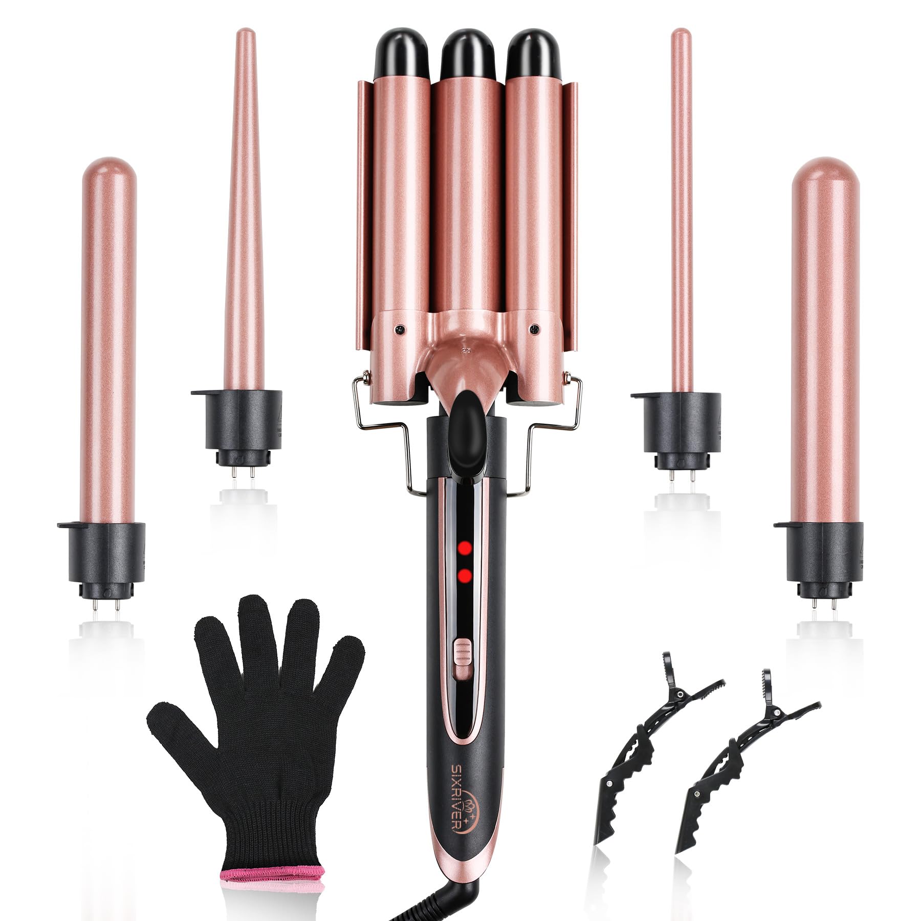 Sixriver 5-in-1 Curling Iron Set, Curling Wand with 3 Barrel Hair Crimper Iron and Interchangeable 4 Curling Irons, Dual Voltage