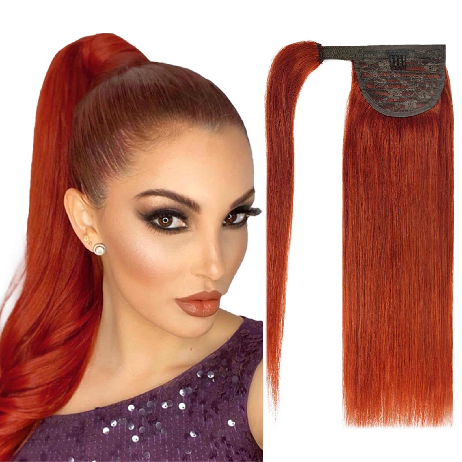 18'' Ponytail Extension Human Hair #350 Copper Red Clip in Ponytail Hair Extension 85g Straight Remy Human Hair Wrap Around Pony
