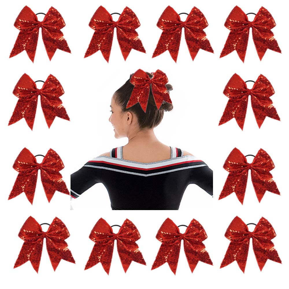Oaoleer 12PCS 7'' Large Glitter Cheer Hair Bows Ponytail Holder Elastic Band Handmade for Cheerleading Teen Girls Sports Red