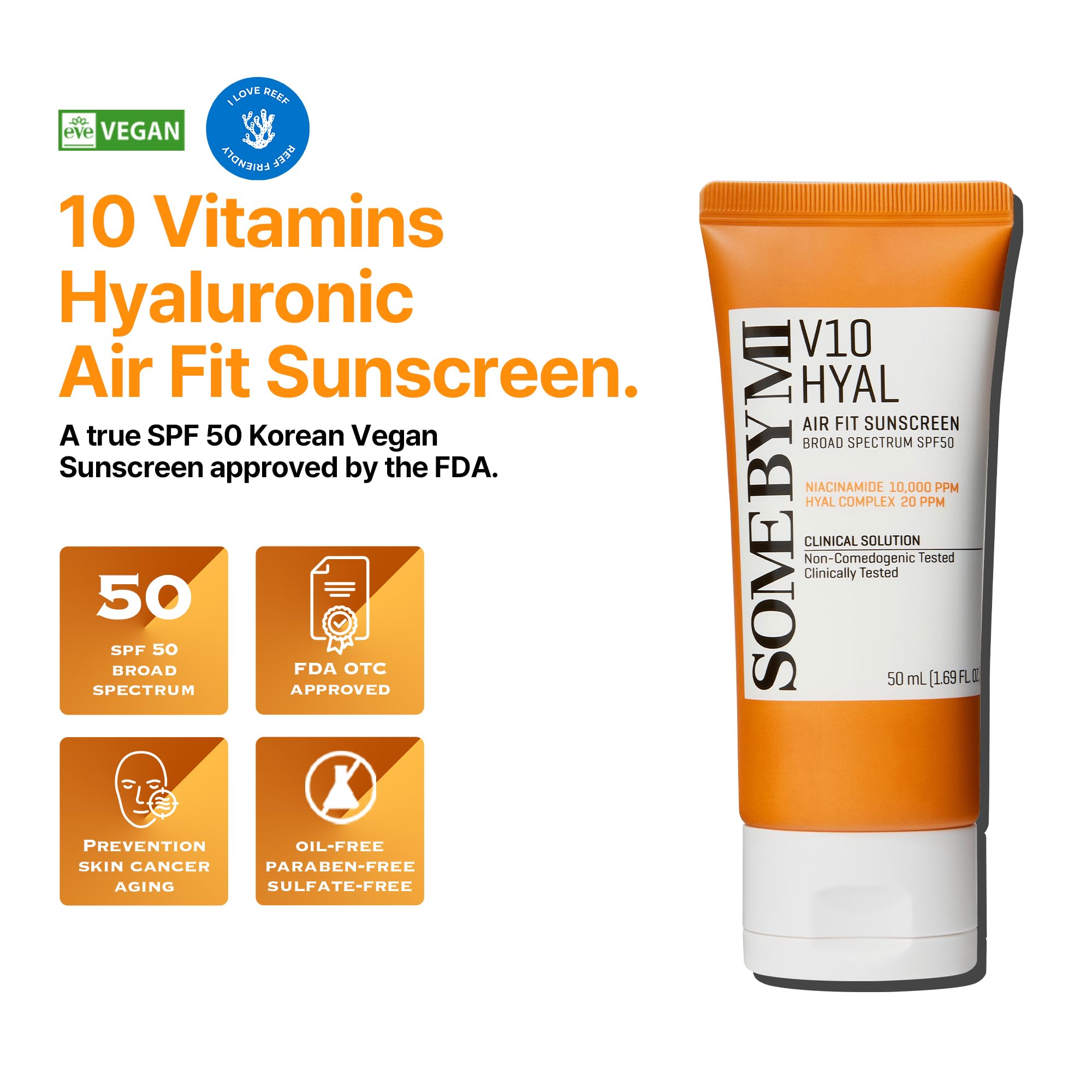 Some By Mi V10 Hyal Air Fit Sunscreen - 1.69Oz, 50Ml - Daily Niacinamide Spf 50 Korean Sunscreen For Face With Uv Protection - N