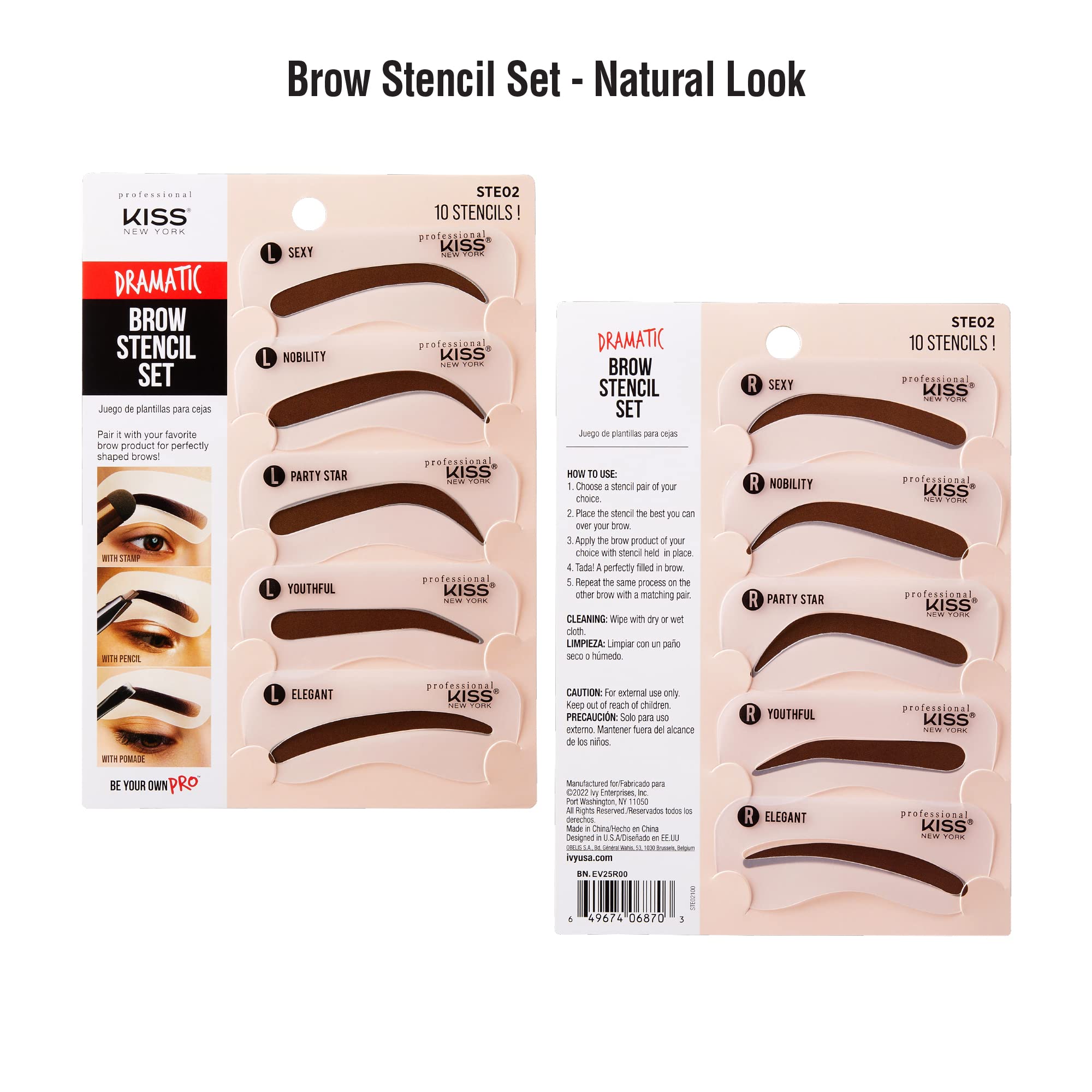 Kiss New York Professional Instant Brow Stamp And Stencil Kit Powder Stamp Eyebrow Shaping Kit (Stencil-Dramatic)