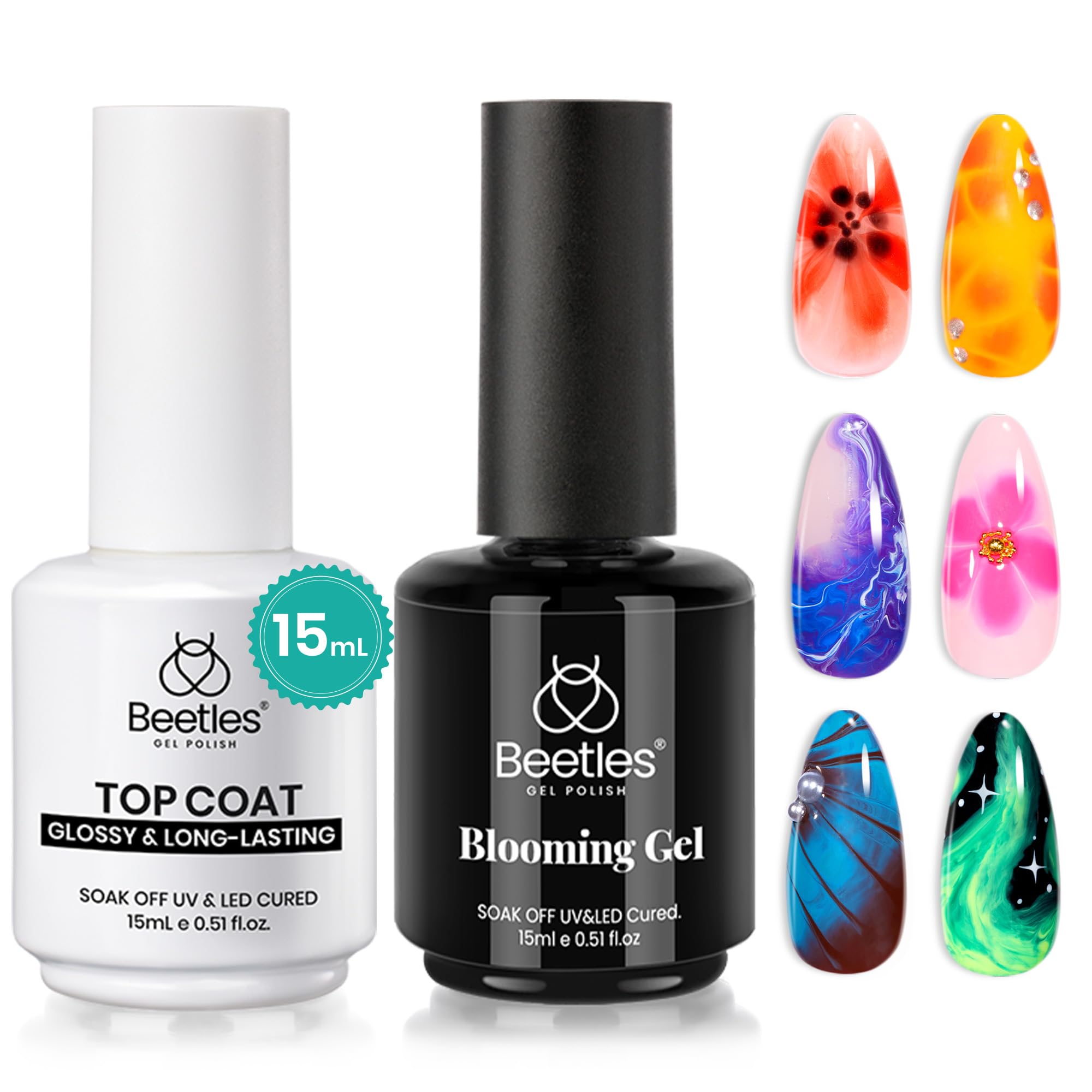 Beetles Nail Blooming Gel And Top Coat No Wipe Gel Nail Polish Set 2 Pcs 15Ml Upgrade Super Shiny For Spreading Effect Marble Na