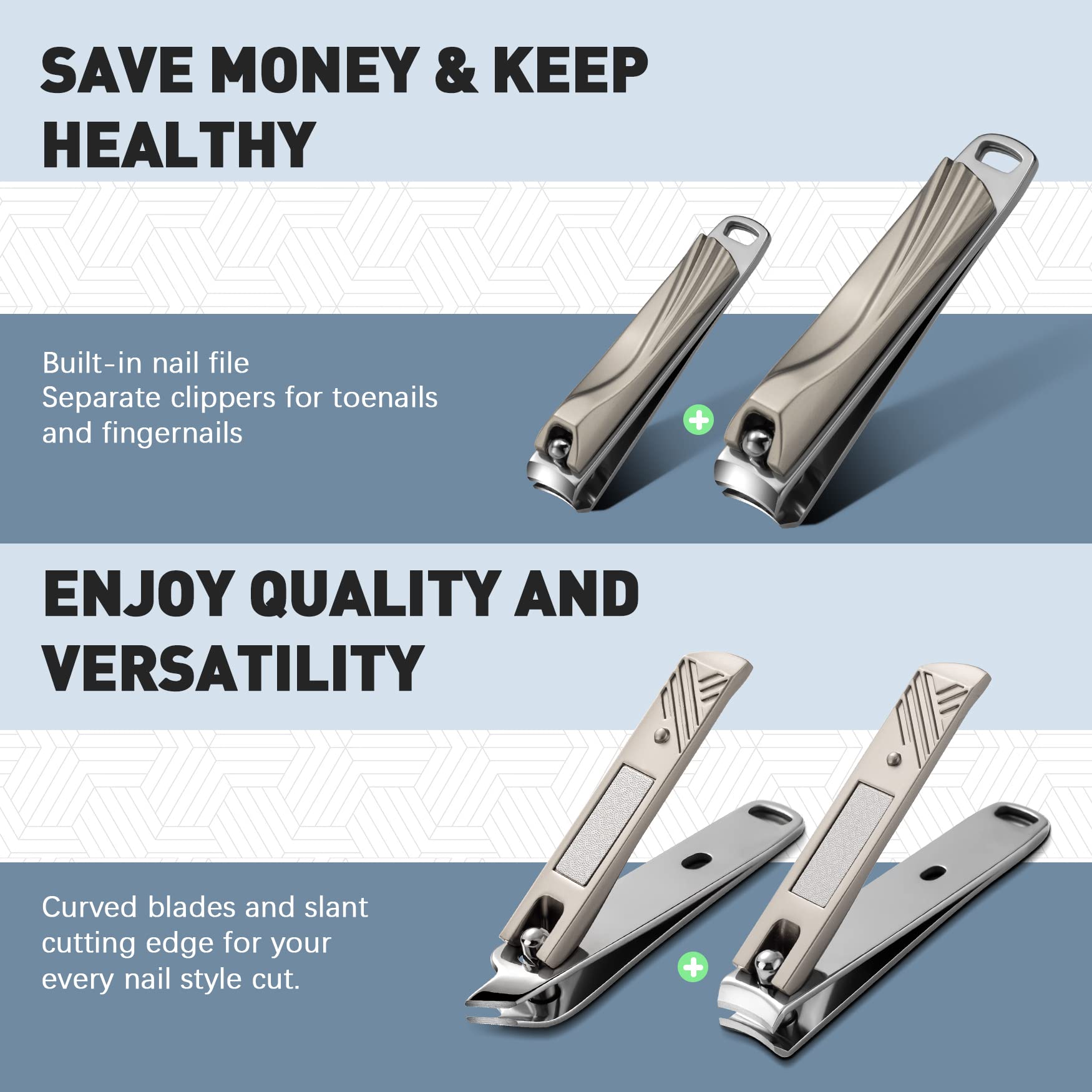 Bezox Nail Clipper, 3Pcs Set Fingernail Clippers - 2 Curved Blades And 1 Slant Cutting Edge Toenail Cutter Nail Trimmer