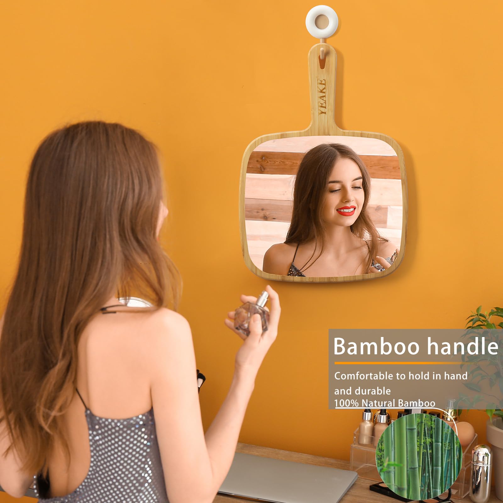 Yeake Hand Mirror,Extra Large Natural Bamboo Handheld Mirror With Handle, Single-Sided Portable Travel Vanity Mirror For Men & W