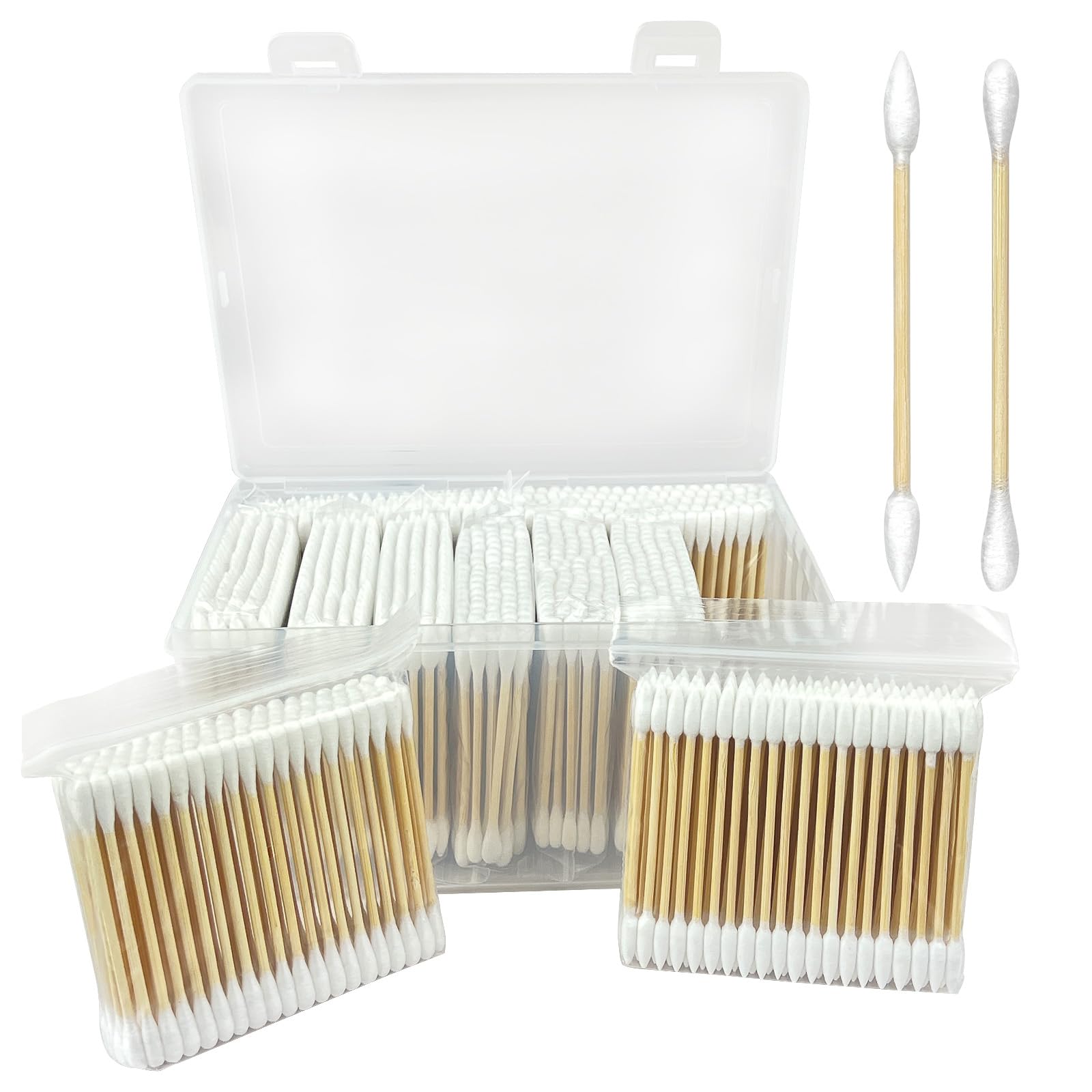 Premium Pointed and Round Tip Cotton Swabs - 1000 Count with Bamboo Sticks - Hypoallergenic and Biodegradable - Ideal for Precis