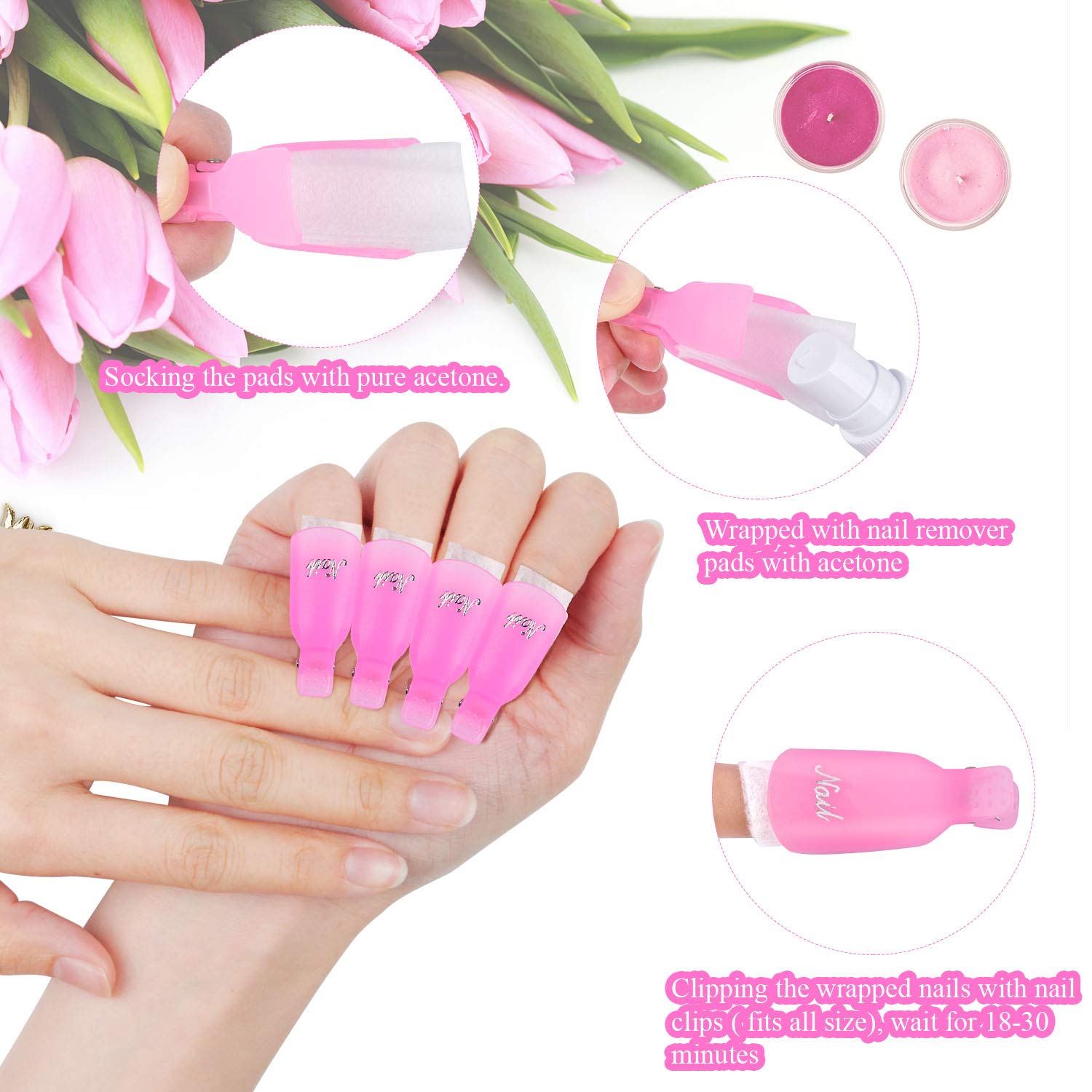 Nail Polish Remover Clips, Morgles Gel Nail Polish Remover Kit With 10Pcs Nail Clips 300Pcs Cotton Pads 100/180 Nail File Glass