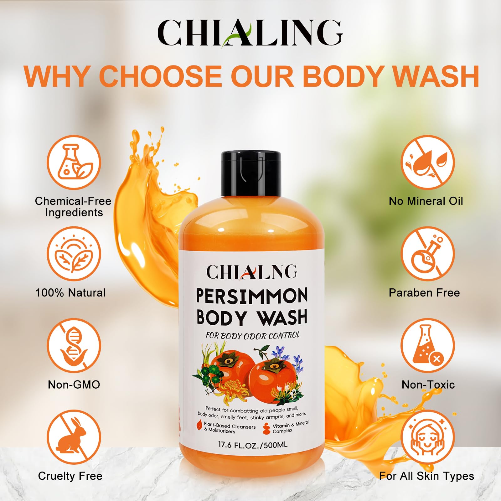 Chialing Persimmon Scented Body Soap - 16.9 Fl Oz for Body Odor Control, Nonenal Removal, Ideal for Men & Women, Contains Centella Asiatica