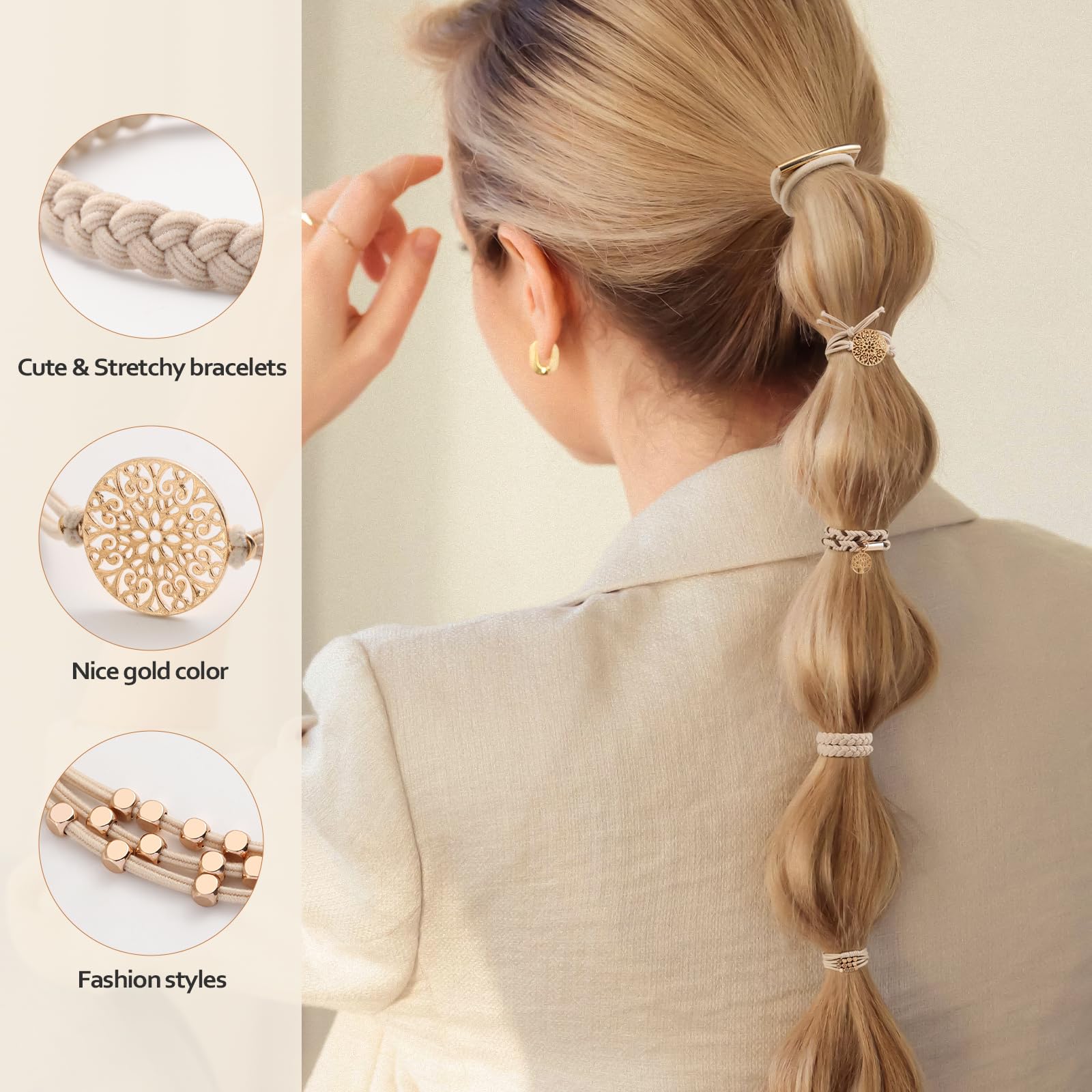 10 Boho Bracelets, Braided & Stretch Hair Ties For Thick/Thin Hair, 5 Styles, Light Coffee Colors - No Damage Ponytail Holders