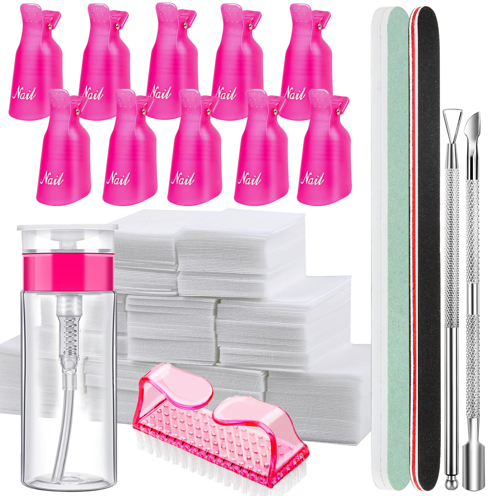 FANDAME Gel Nail Polish Remover Tools Kit, 10 PCS Nail Polish Remover Clips Rose Red, 100ml Nail Polish Remover Bottle, 500PCS C
