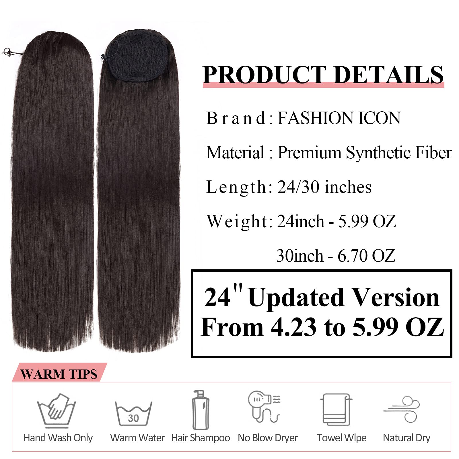 Fashion Icon Dark Brown Ponytail Extensions Straight Drawstring Ponytail Extension Long 24Inch Straight Clip In Hair Extensions