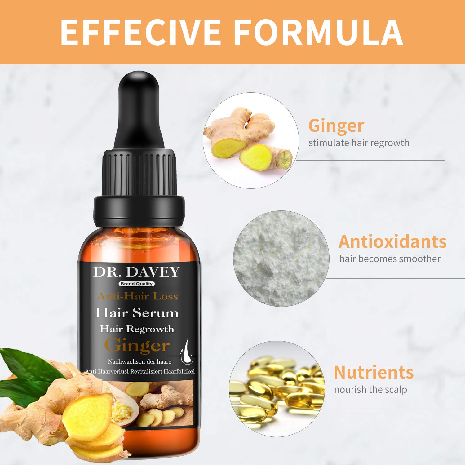 Ginger Hair Growth Serum For Hair Loss And Regrowth For Thicker/Balding/Repairs Hair Follicles/Stronger Hair For Men And Women (