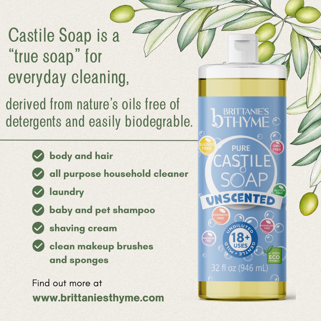 Brittanies Pure Castile Liquid Soap Refill, Unscented | Dish Soap, Hair & Body, Home, Gentle And Pure, Made With Natural Luxurio