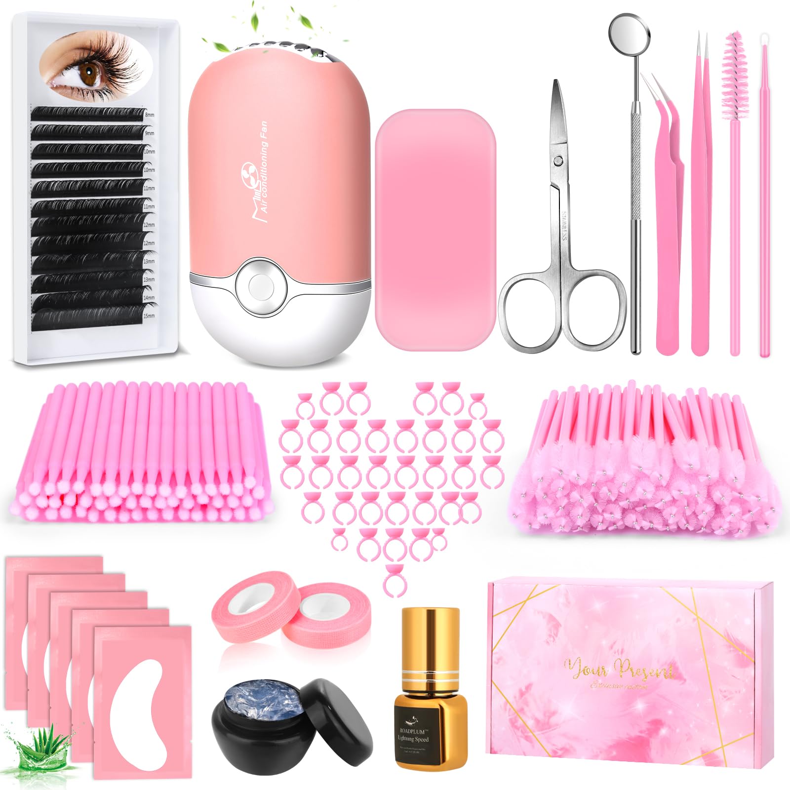 ROADPLUM Professional Lash Extension Kit, Lash Cleaning Kit with Fan Dryer, D Curl Eyelash, Extension Glue, Remover, Tweezers, E