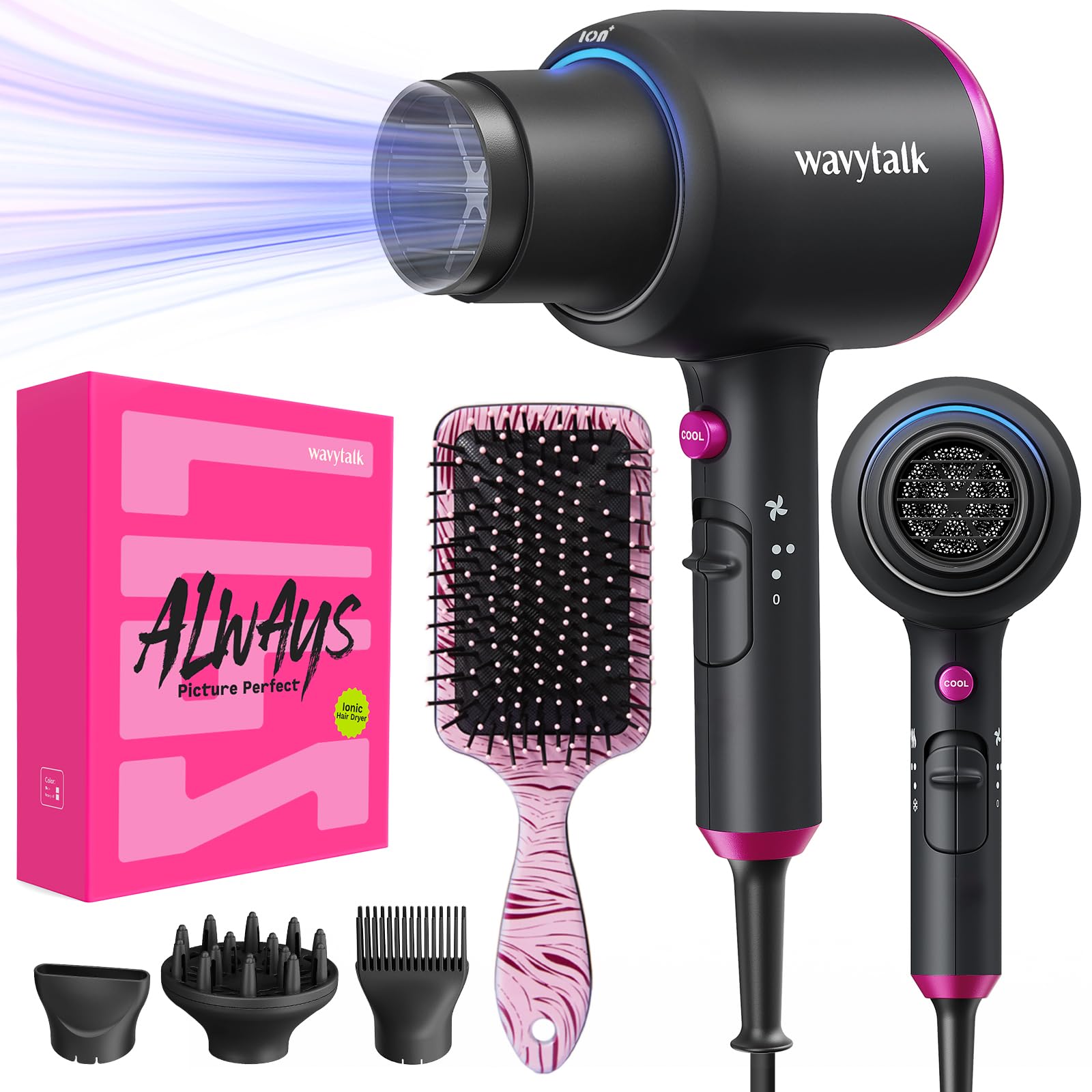 Wavytalk Professional Black Ionic Hair Dryer for Women with Diffuser, 1875W Ceramic Blow Dryer, 4 Attachments for Fast Drying, L