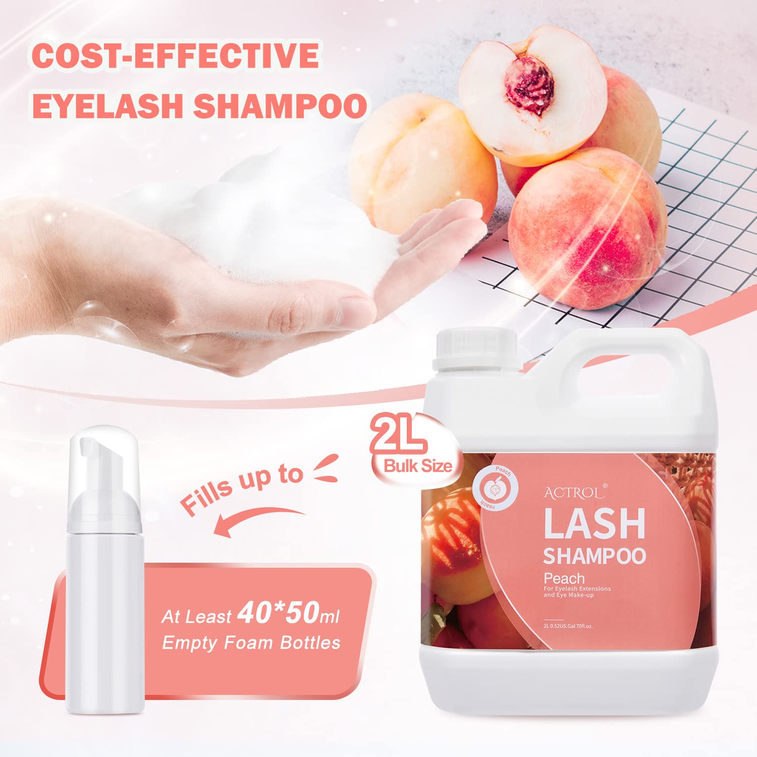 Actrol Eyelash Extension Cleanser Peach 2L Natural Lash Extension Shampoo Professional Eyelid Foaming Cleanser Paraben & Sulfate