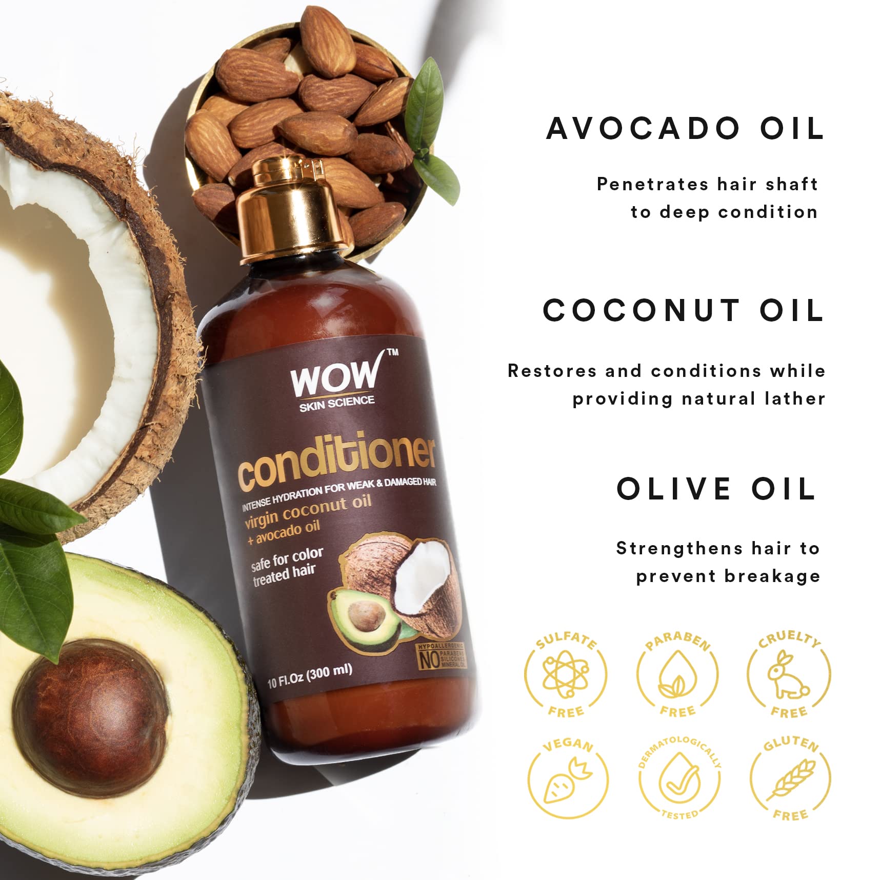 Wow Skin Science Hair Conditioner - Coconut & Avocado Oil - Restore Dry, Damaged Hair - Increase Gloss - Reduce Split Ends, Friz