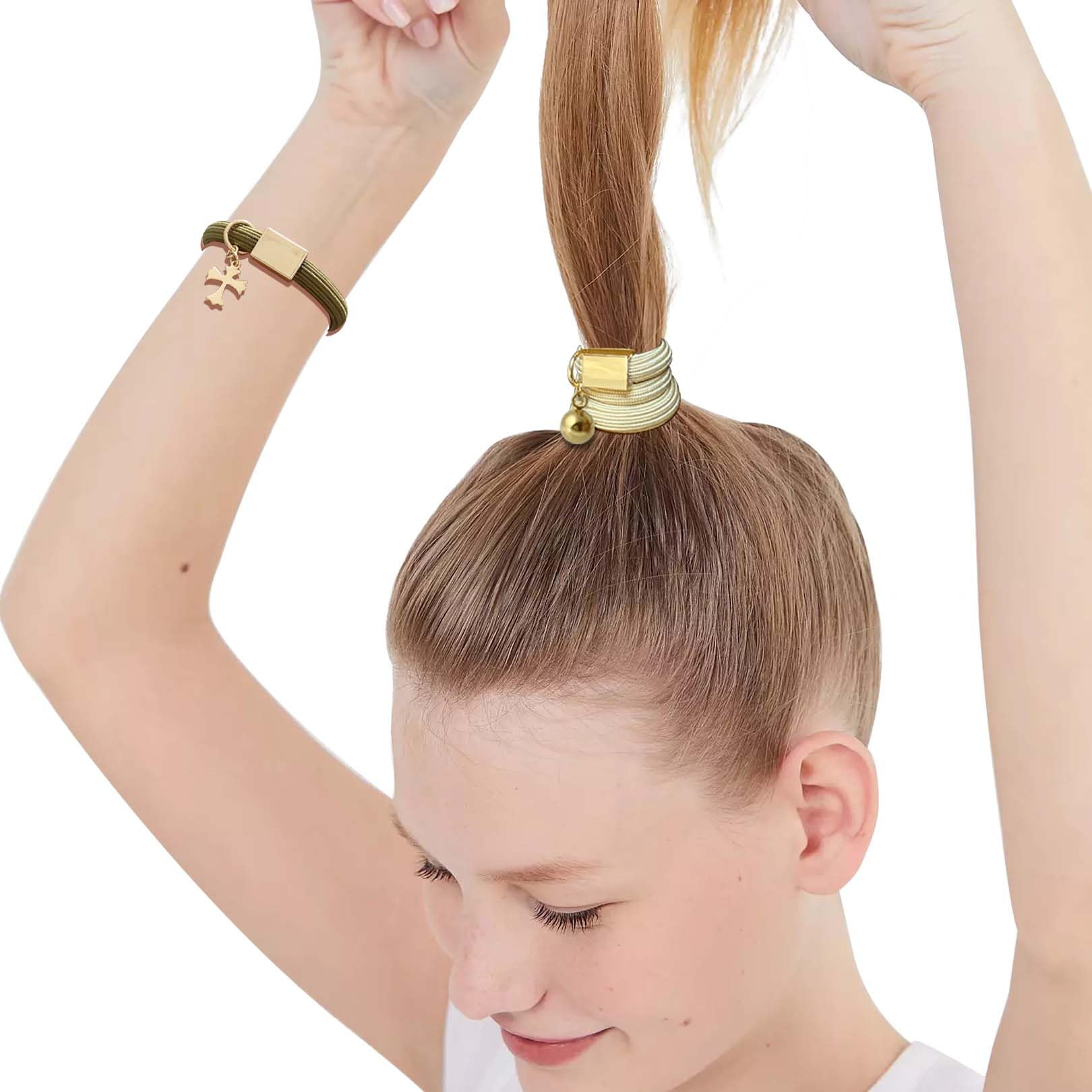 Hair Ties No Damage For Thick Curly Hair, 8Mm Thick Hair Tie Bracelets For Women With Gold Charm Cute Ponytail Holders Accessori