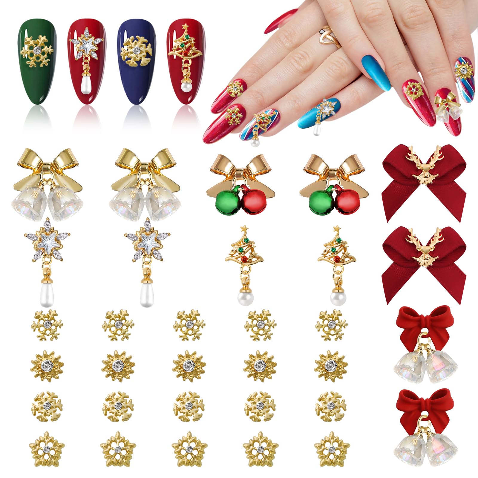 48 PCS 3D Luxury Nail Charms TOROKOM Dangle Nail Art Rhinestones Gold Silver Heart Pearl Crystal Gems Nail Jewelry for Acrylic N
