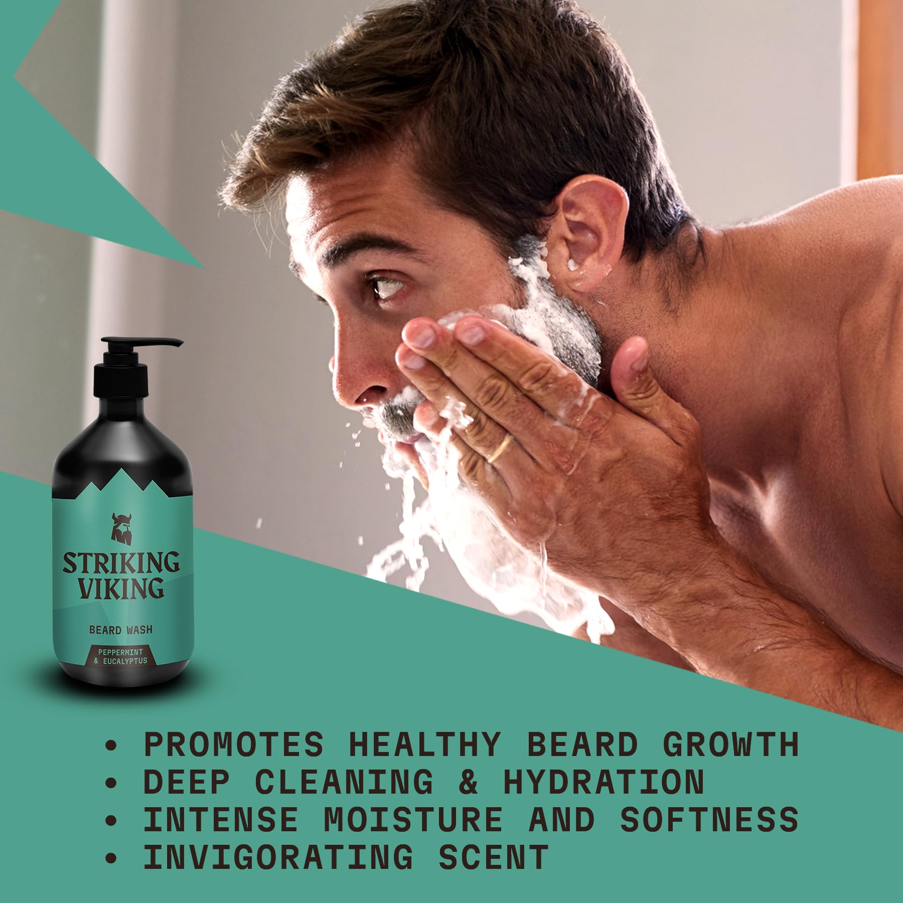 Striking Viking Beard Wash (17 Oz) Natural Peppermint & Eucalyptus Scent - Beard Shampoo For Men Paraben & Sulfate Free - Deep C